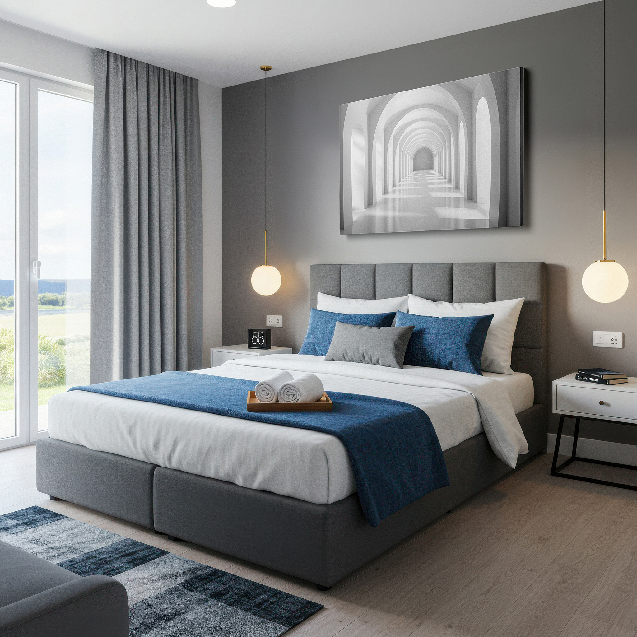 Aligned with a curated gallery wall of abstract artworks — gradient-shaded architectural arches elevate minimalist corridor with ethereal light play, featuring large wall art for office decor