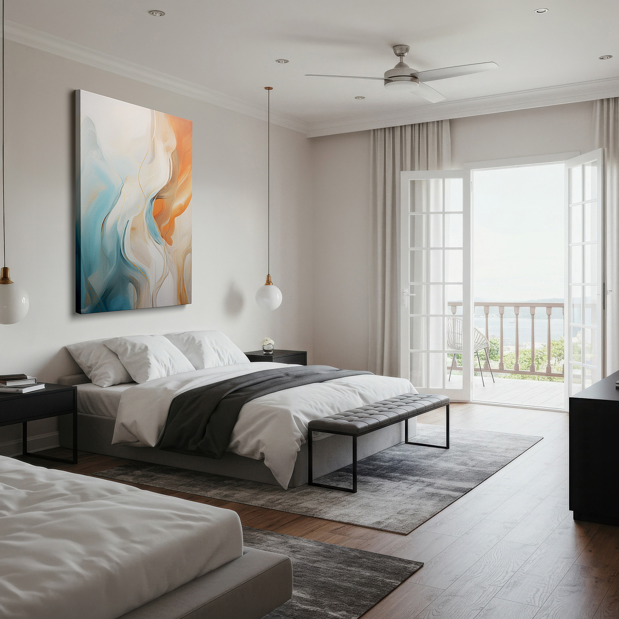 Aligned with a curated gallery wall of abstract artworks — a haven of serenity and contemplation with soft hues and elegant forms: oversized wall art, canvas wall art, wall decor, office wall art, bedroom wall art