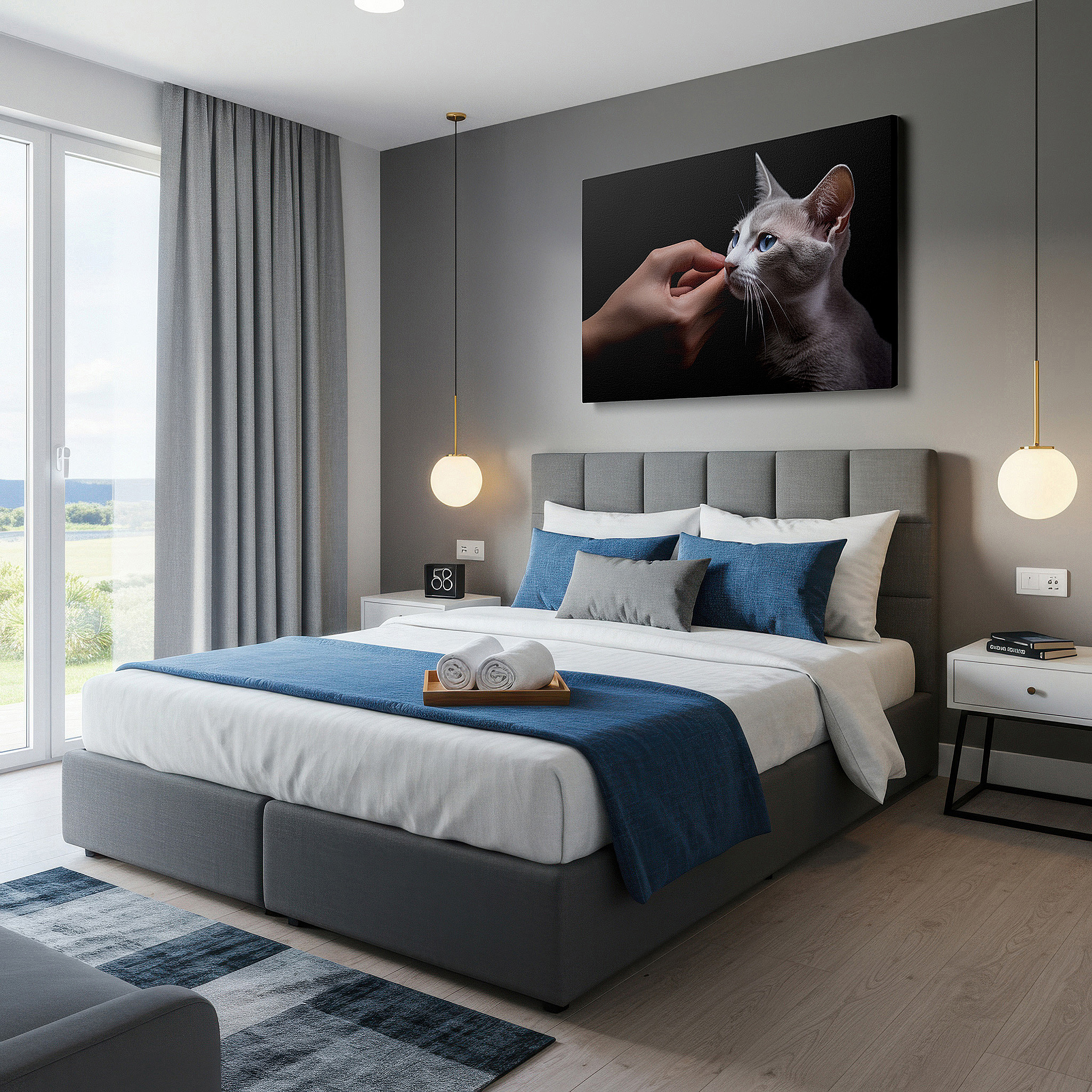 Aligned with a curated gallery wall of abstract artworks — intimate moment of friendship between cat and owner illustrated in large wall art, canvas wall art, wall art decor, office wall art, bedroom wall art