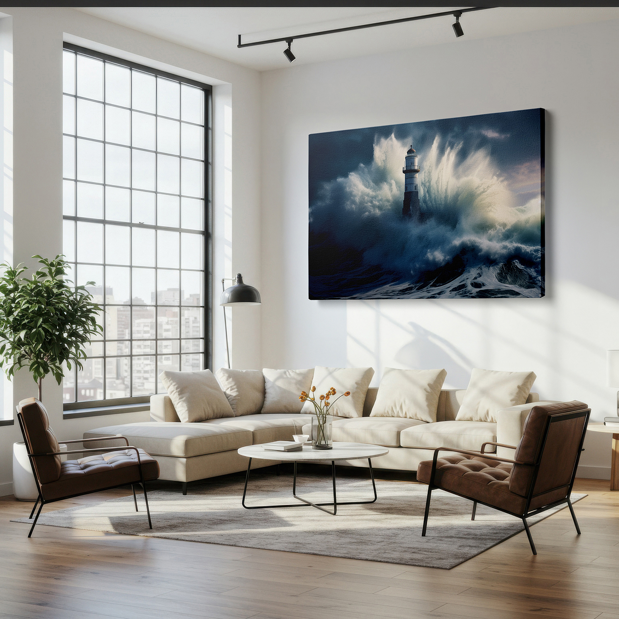 Aligned with a curated gallery wall of abstract artworks — lighthouse amidst nature's fury wall art - symbolizing resilience and hope, perfect for office, bedroom, and home decor, available as large canvas art