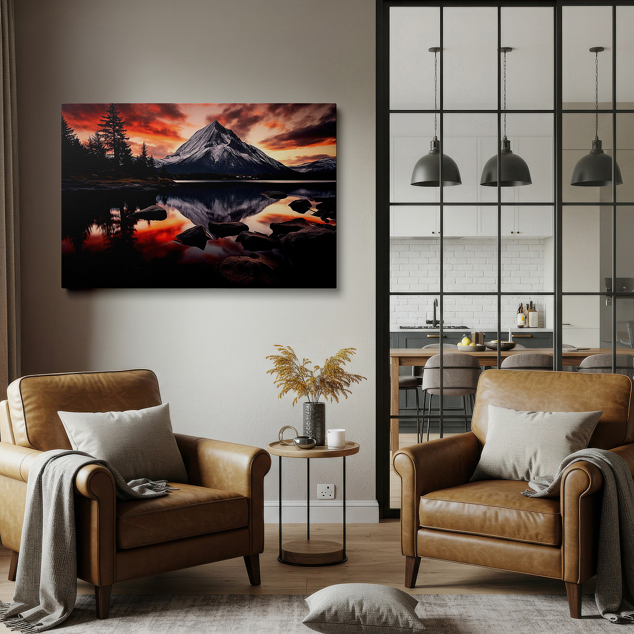 Aligned with a curated gallery wall of abstract artworks — majestic mountain sunset and tranquil lake reflection large canvas wall art for office, bedroom, and living room decor