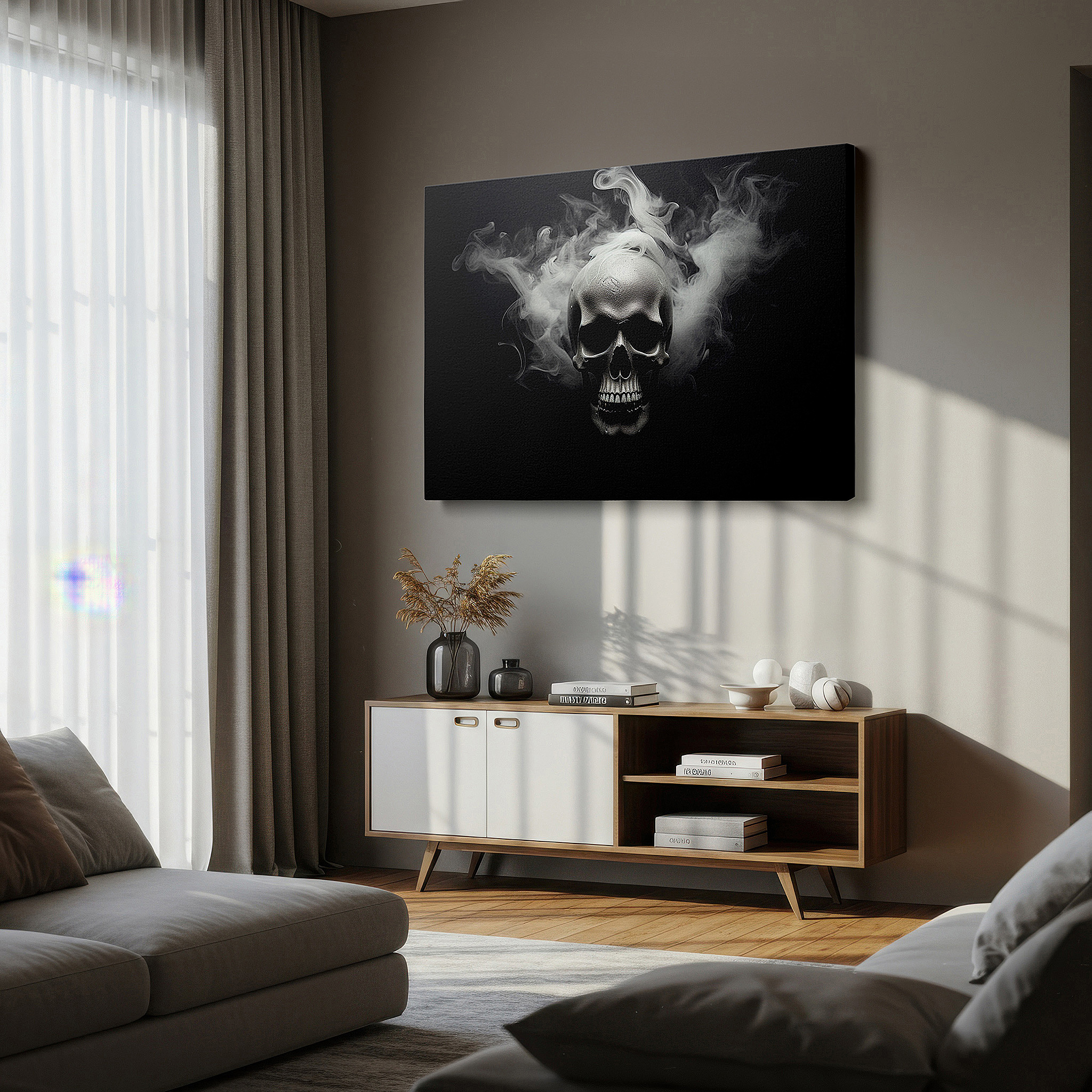 Aligned with a curated gallery wall of abstract artworks — metallic skull emerging from the abyss surrounded by swirling smoke: a meditation on mortality and time - large canvas wall art for home and office decor