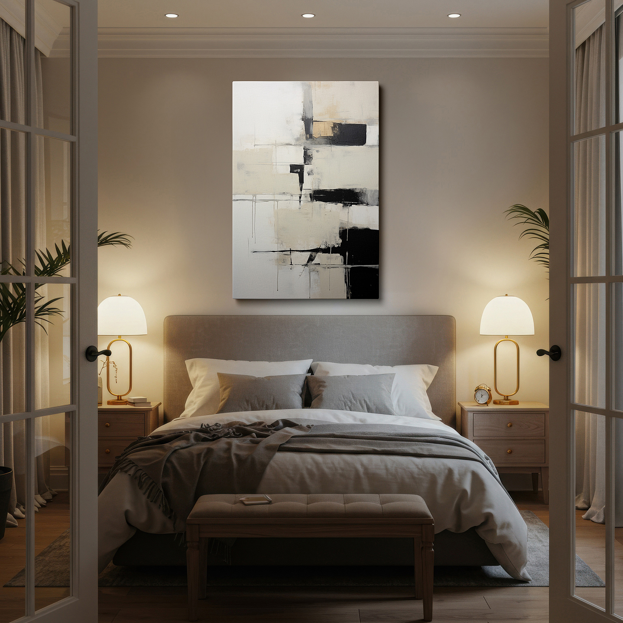 Aligned with a curated gallery wall of abstract artworks — modern black and white sophistication featuring striking geometric designs and opulent gold details, large wall art, canvas wall art, wall decor, office