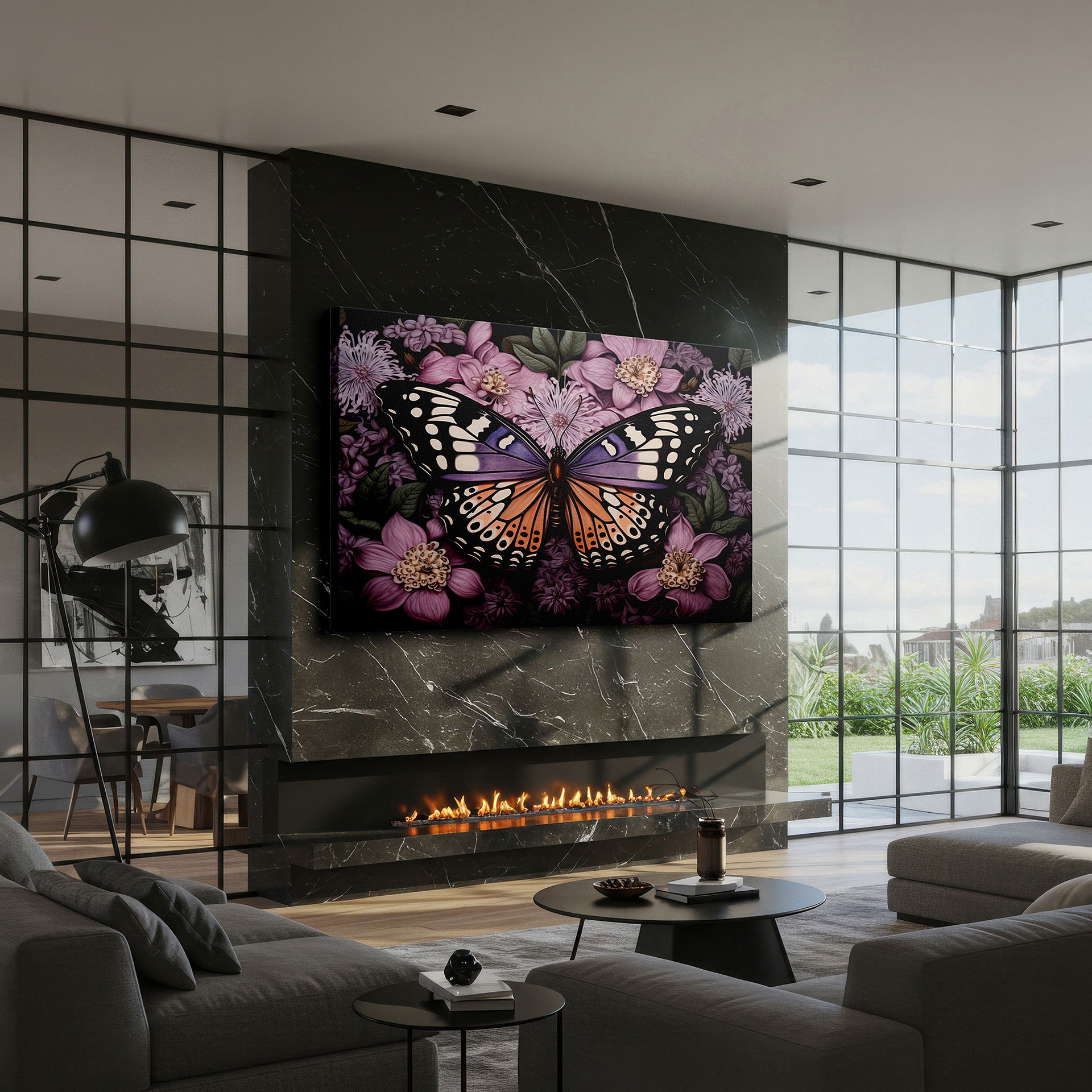 Aligned with a curated gallery wall of abstract artworks — monarch butterfly resting on colorful flowers, tranquil nature landscape, large canvas wall art for home and office decor