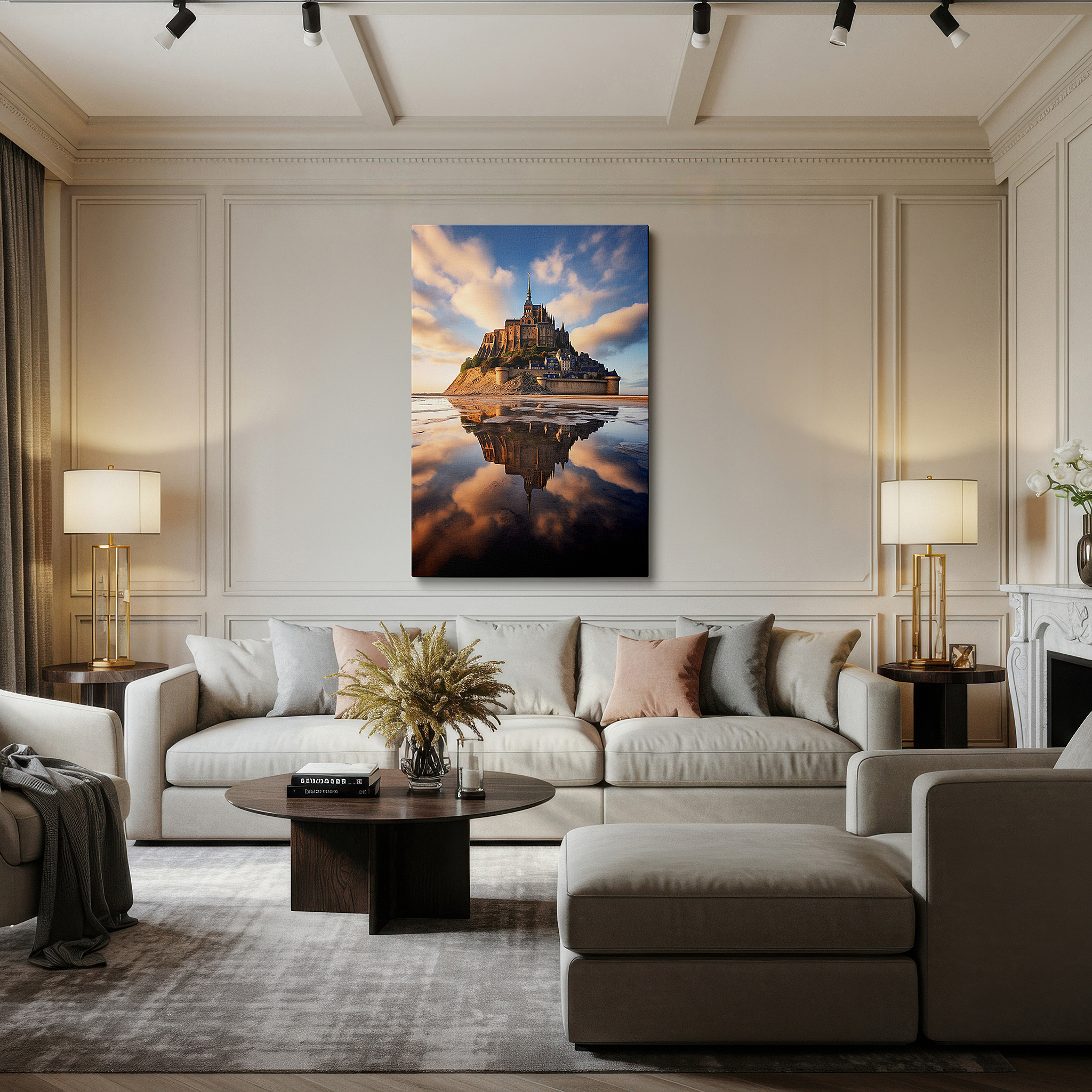 Aligned with a curated gallery wall of abstract artworks — mont saint-michel at sunset wall art: timeless beauty reflected in tranquil waters - large canvas for home and office decor, perfect for living room and bedroom