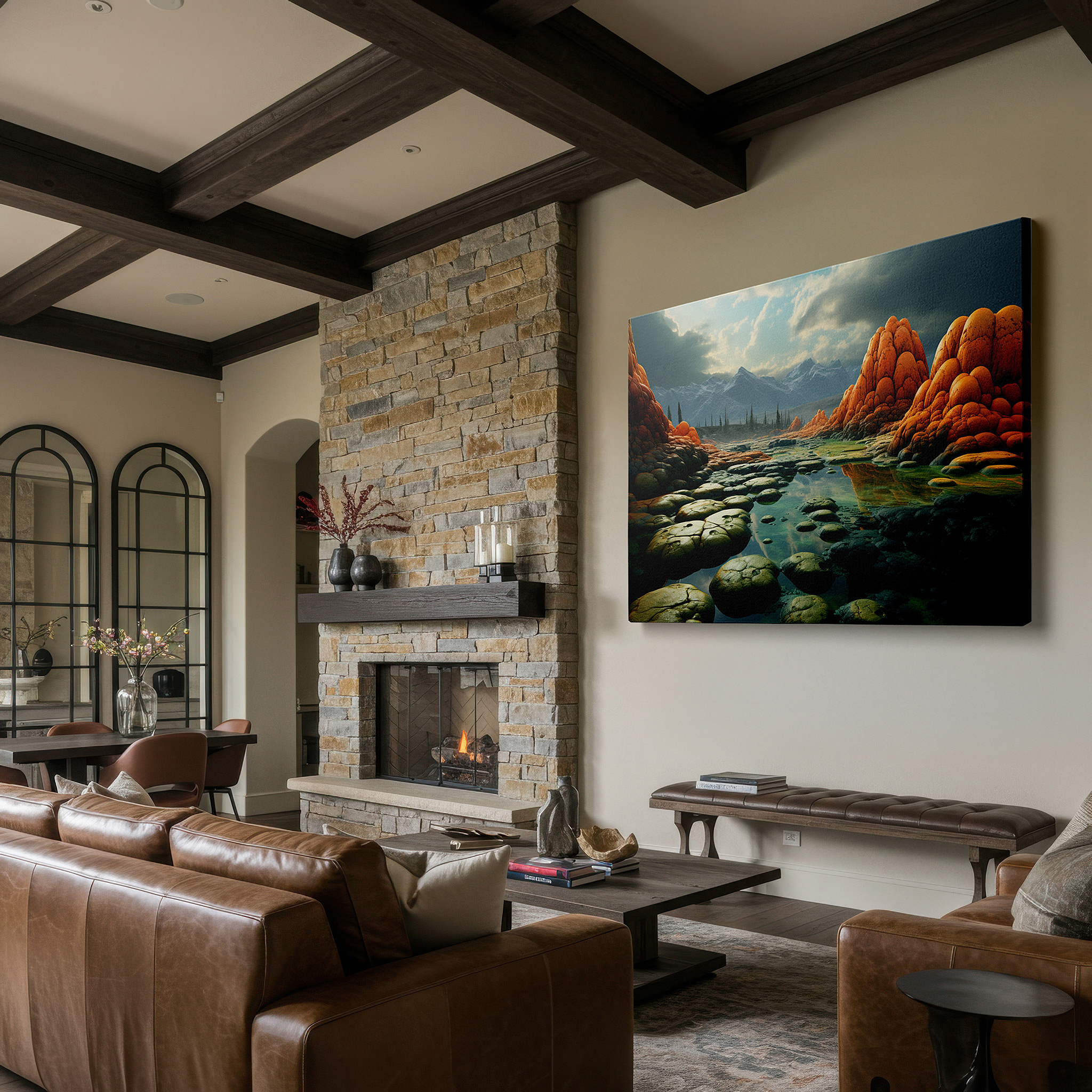 Aligned with a curated gallery wall of abstract artworks — mystical landscape featuring curved rock structures and foggy hot springs, large canvas wall art for home and office decor