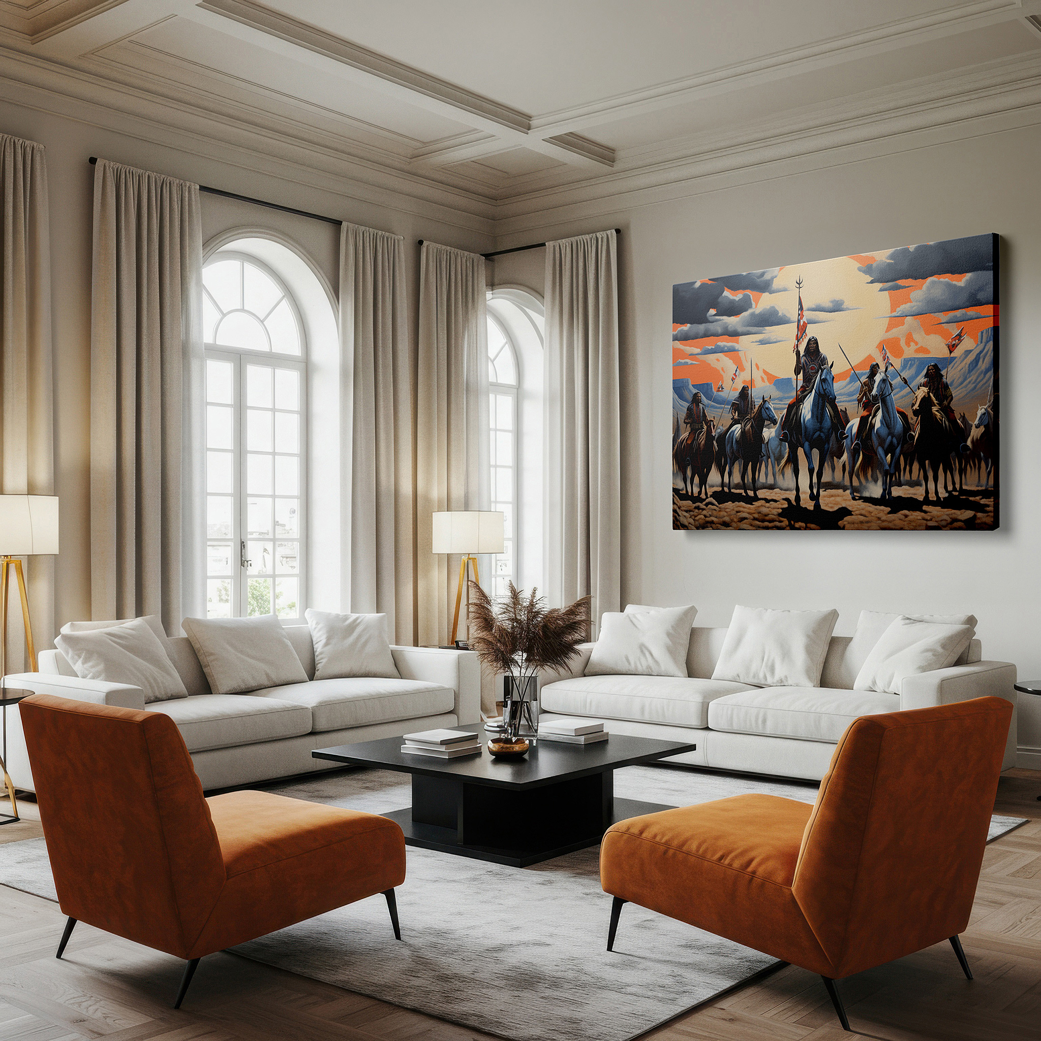 Aligned with a curated gallery wall of abstract artworks — native american warriors riding horses at sunset, representing strength and unity, large canvas wall art for home and office decor