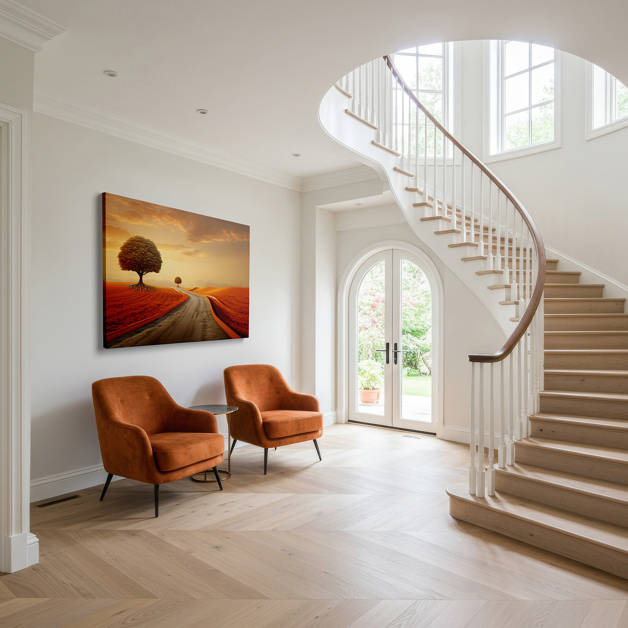 Aligned with a curated gallery wall of abstract artworks — nature's palette journey - sunset glow on a winding road large canvas wall art for home and office decor