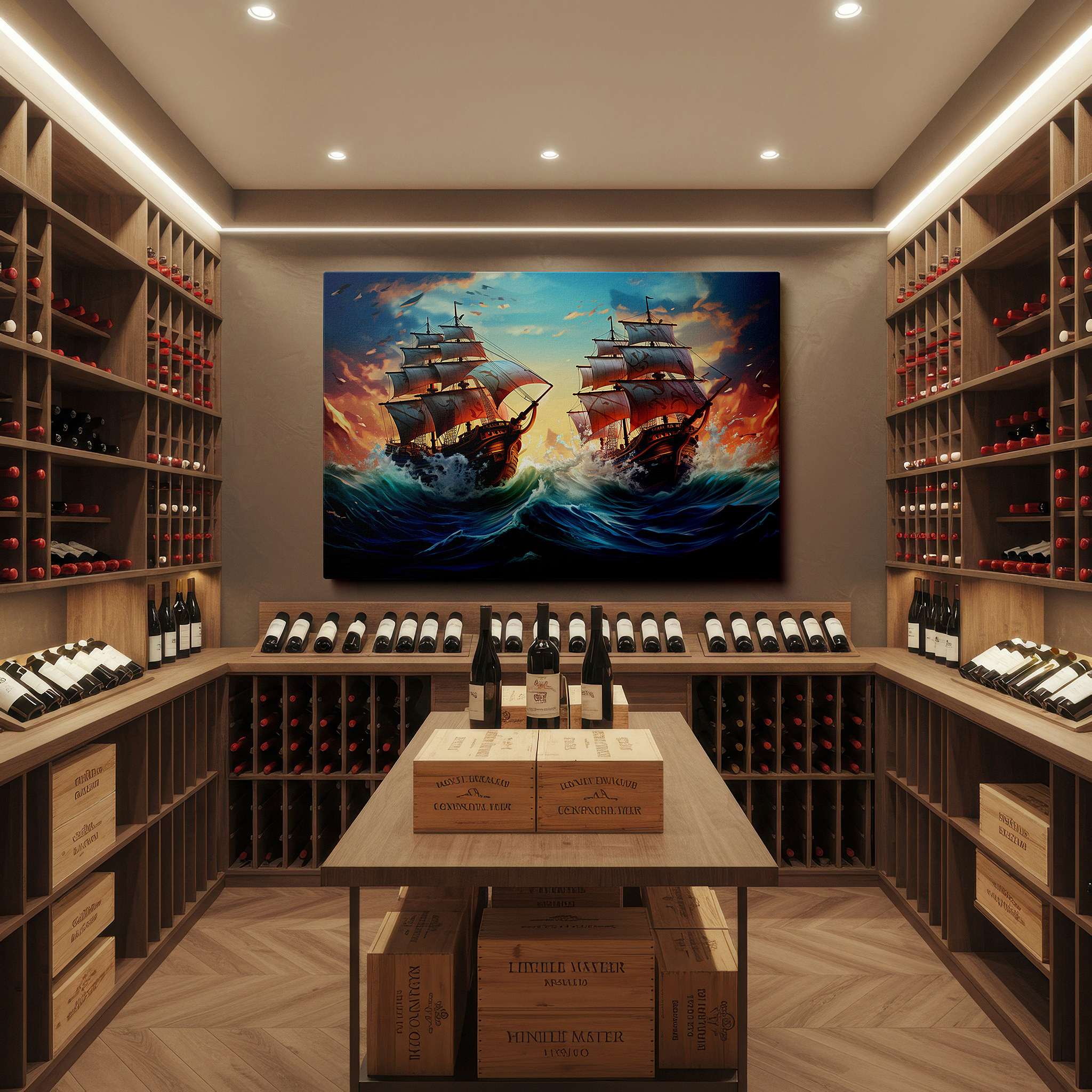 Aligned with a curated gallery wall of abstract artworks — naval battle excellence: stunning maritime combat scene, oversized canvas wall art for home and office decor