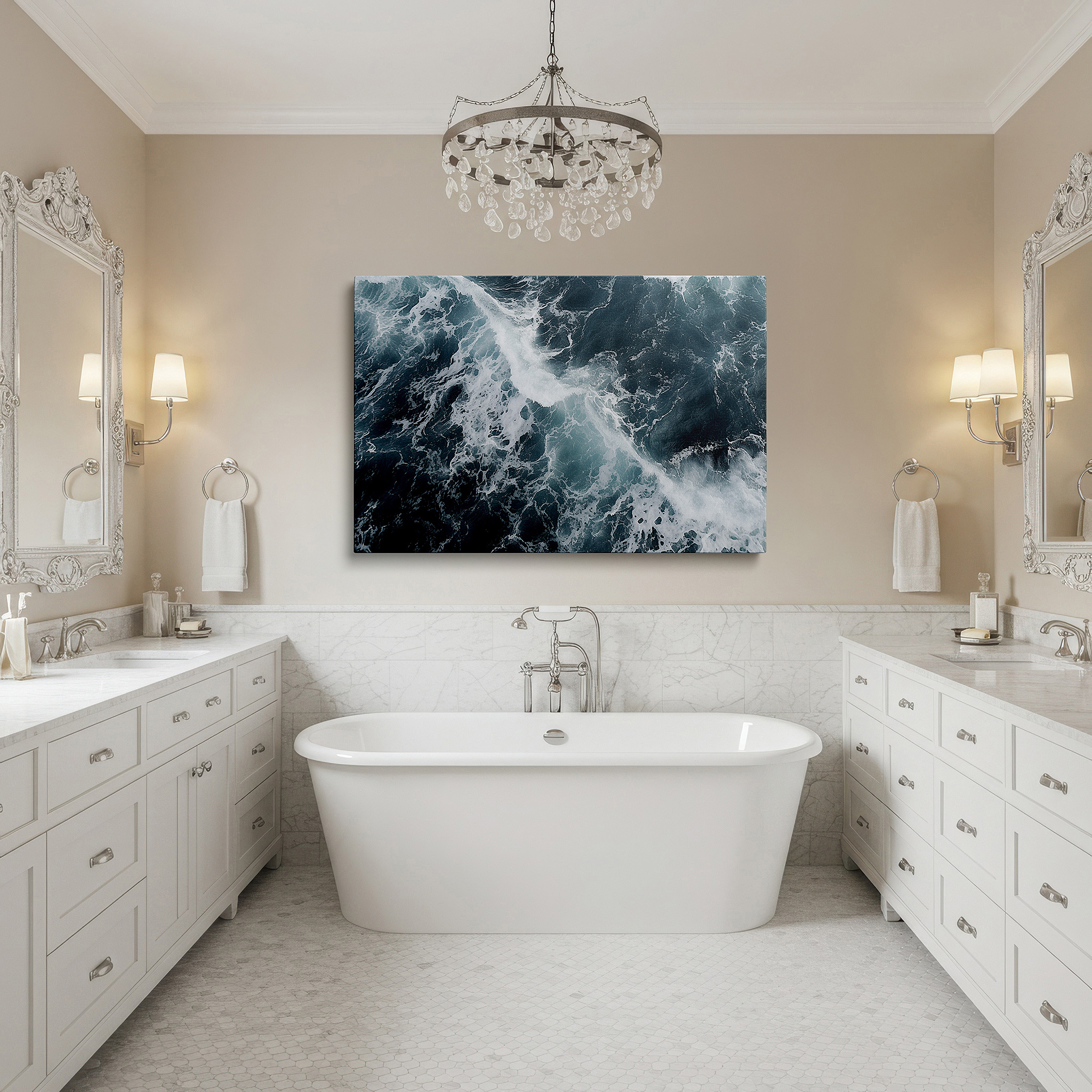 Aligned with a curated gallery wall of abstract artworks — ocean symphony in blues and whites: capturing the rhythmic dance of waves - large canvas wall art for office and bedroom decor