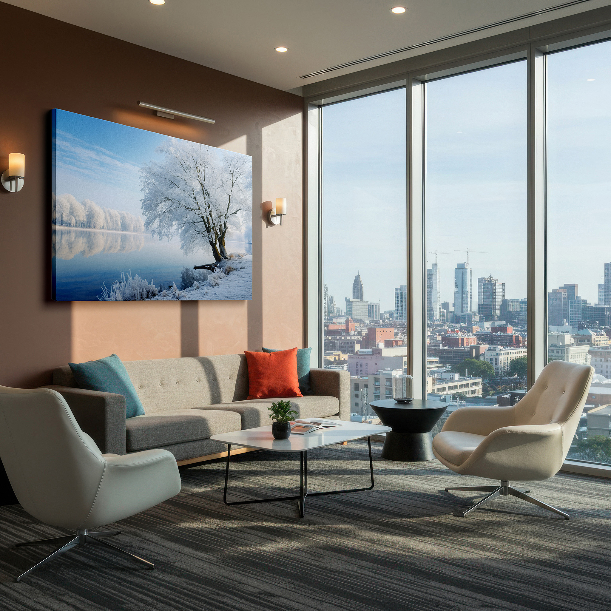Aligned with a curated gallery wall of abstract artworks — peaceful winter scene with calm lake and icy trees reflection large wall art, canvas wall art, wall decor for office and bedroom
