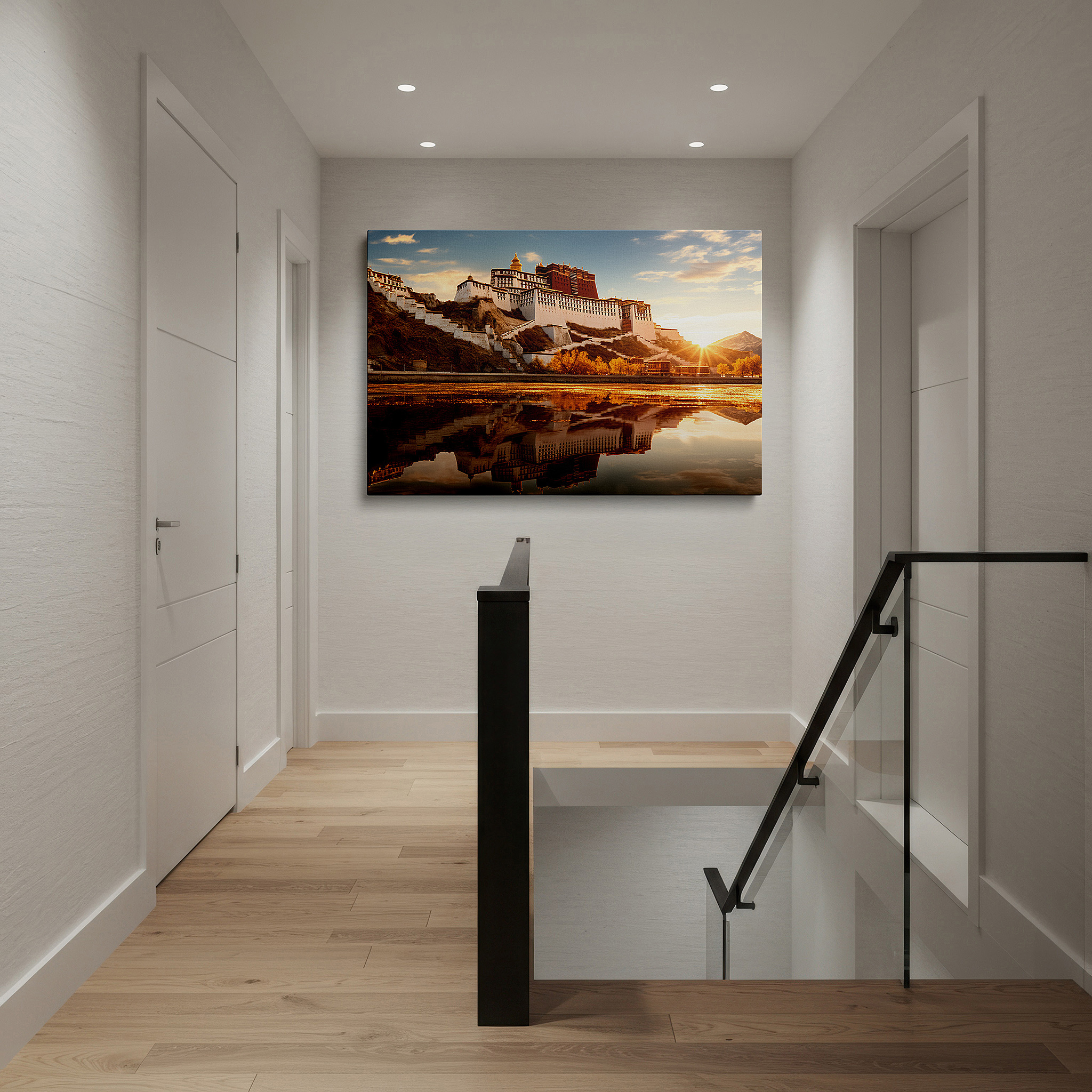 Aligned with a curated gallery wall of abstract artworks — potala palace sunrise - spiritual awakening in tibet's sacred landscape: large wall art, canvas, decor for office and bedroom