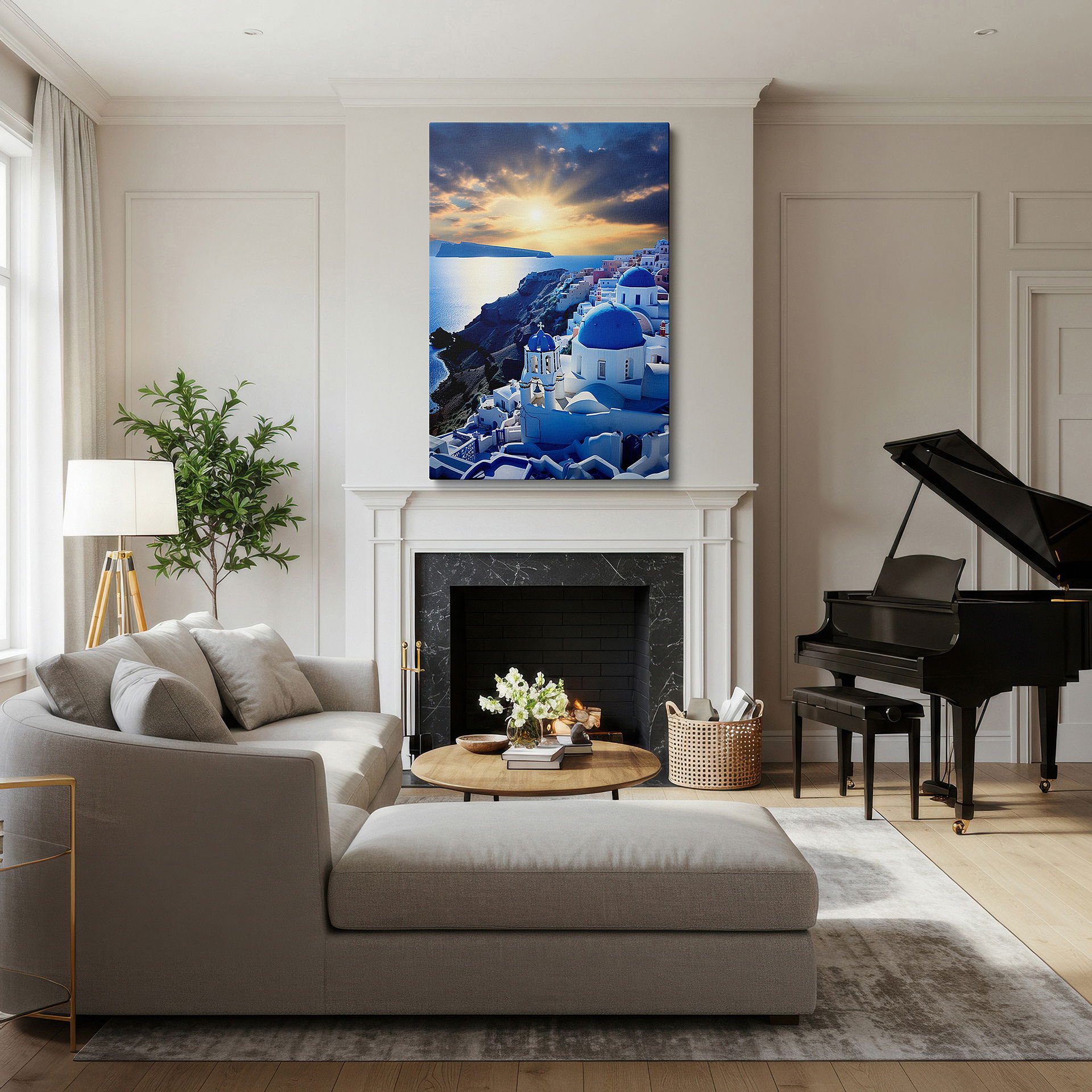 Aligned with a curated gallery wall of abstract artworks — santorini sunset wall art - experience the serenity of the