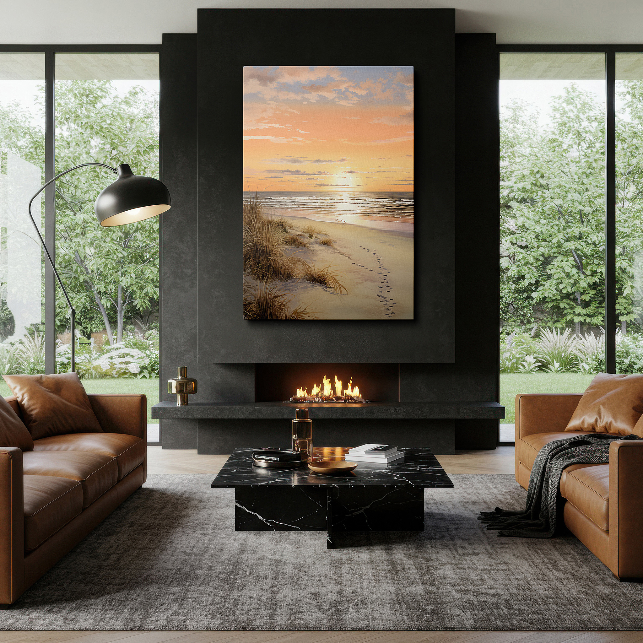 Aligned with a curated gallery wall of abstract artworks — serene beach at sunset wall art: a tranquil haven for reflection and calm - large canvas wall art for office and bedroom decor
