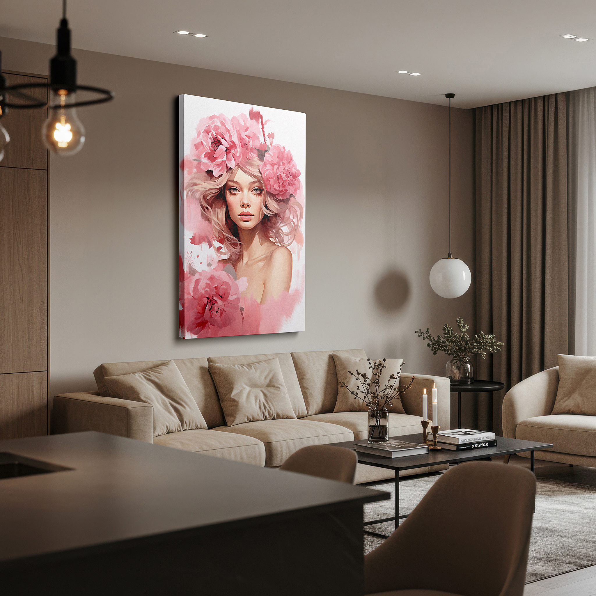 Aligned with a curated gallery wall of abstract artworks — serene beauty amidst a cascade of soft pink flowers large wall art, canvas wall art, wall art decor, office wall art, bedroom wall art, living room wall art