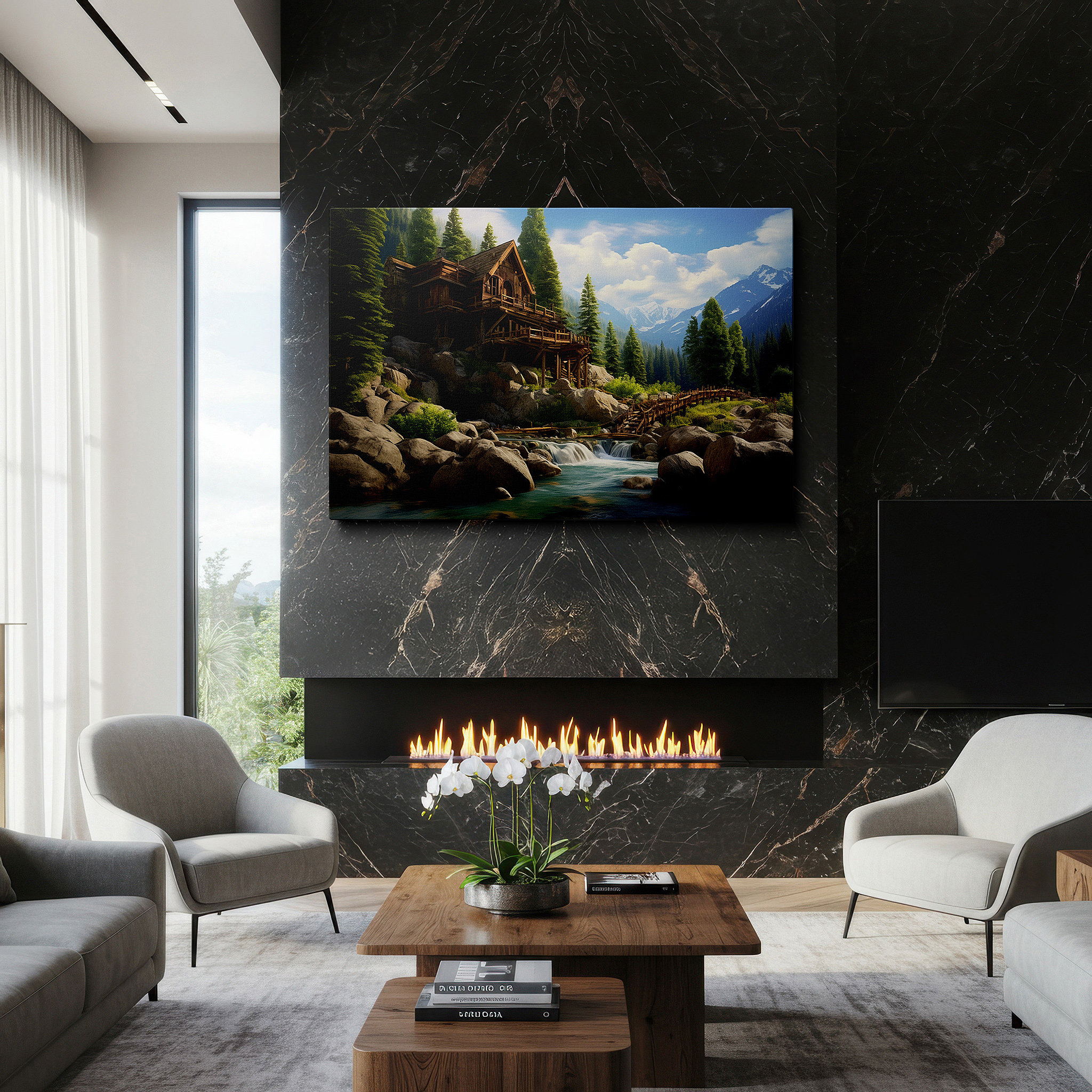 Aligned with a curated gallery wall of abstract artworks — serene cabin escape surrounded by verdant foliage and babbling brooks: oversized wall art, canvas wall decor for offices and bedrooms