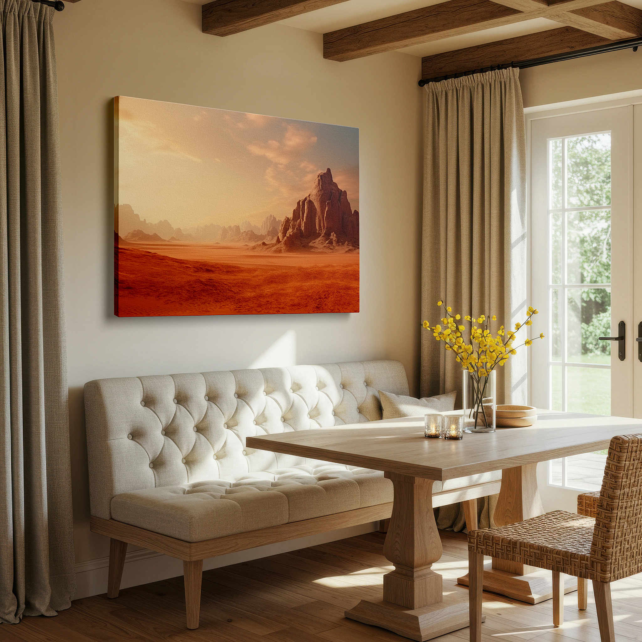 Aligned with a curated gallery wall of abstract artworks — serene desert scene with grand rock structures and earthy tones - large canvas wall art for office and bedroom decor