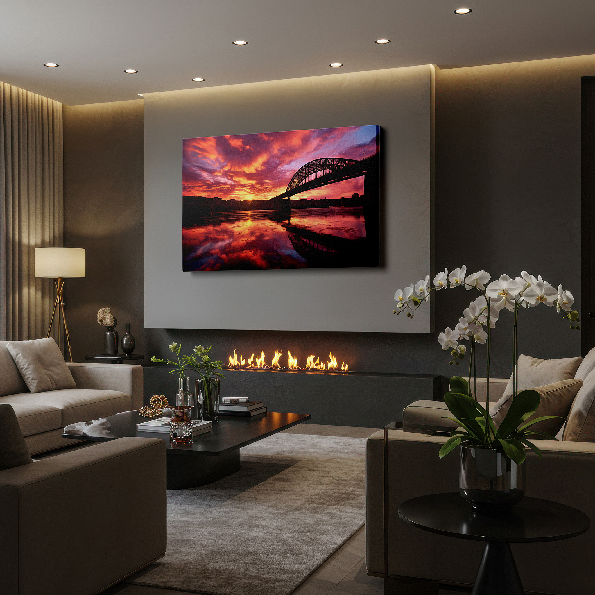 Aligned with a curated gallery wall of abstract artworks — serene evening featuring architectural wonders, sunset sky, and reflective waters: large canvas wall art for office and bedroom decor