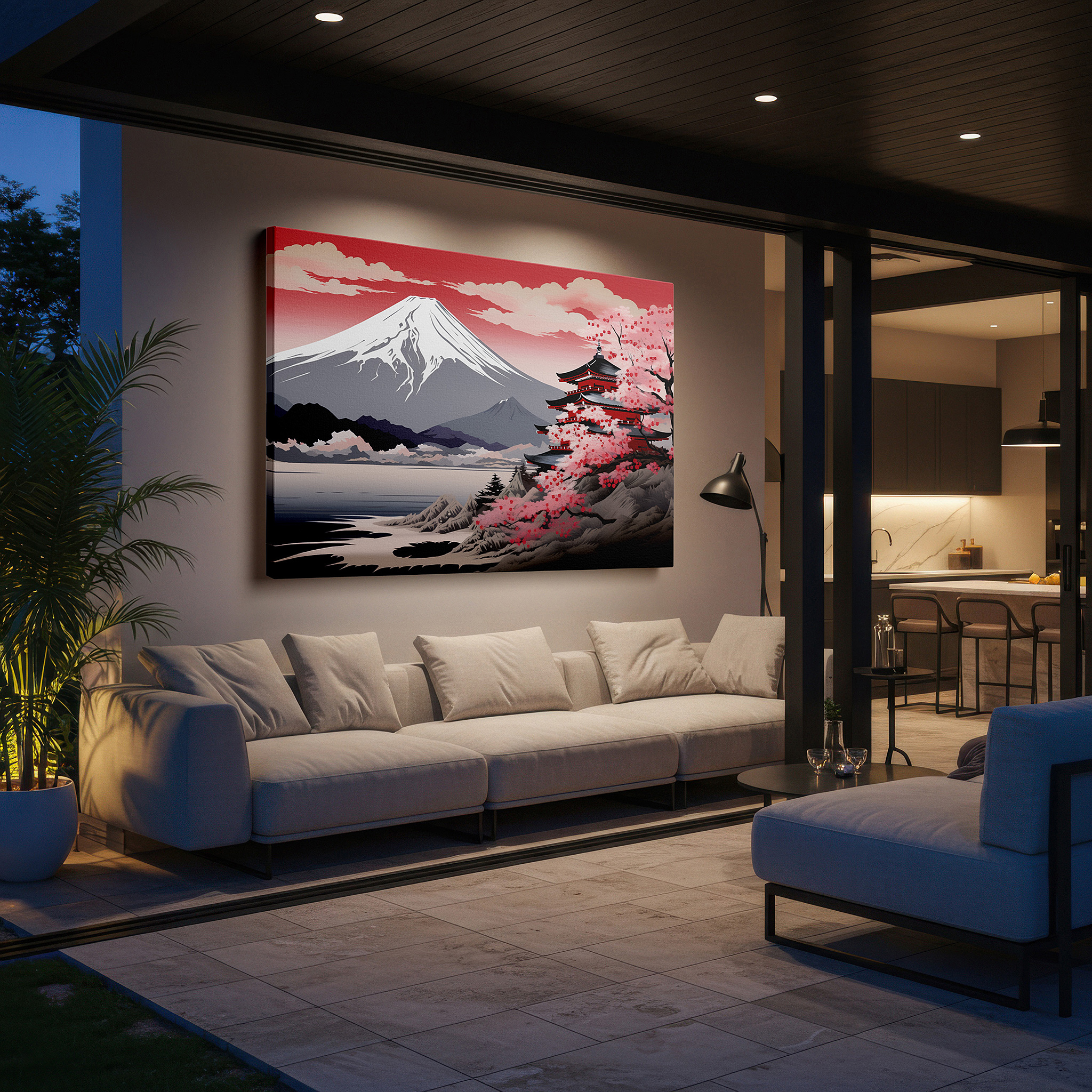 Aligned with a curated gallery wall of abstract artworks — serene japanese temple with sakura and mount fuji large canvas wall art, tranquil cultural tapestry for office decor