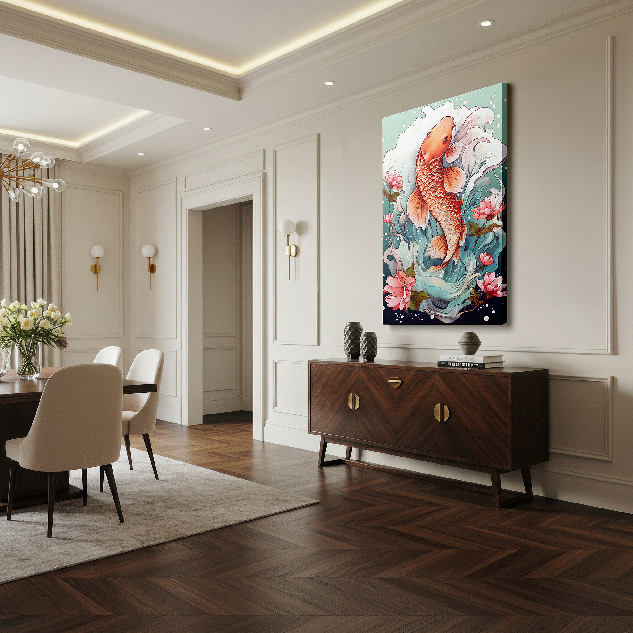 Aligned with a curated gallery wall of abstract artworks — serene koi fish with swirling waters and delicate blossoms large canvas wall art for office and bedroom decor