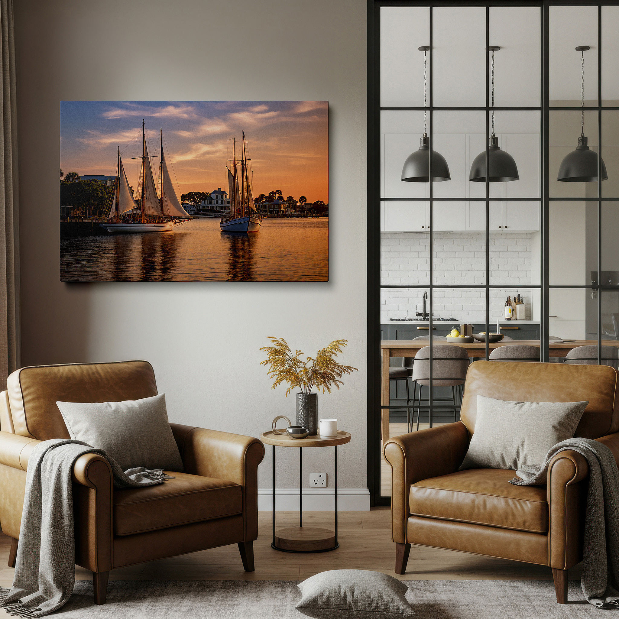 Aligned with a curated gallery wall of abstract artworks — serene maritime sunset scene featuring elegant sailing vessels - large canvas wall art for office, bedroom, and living room decor