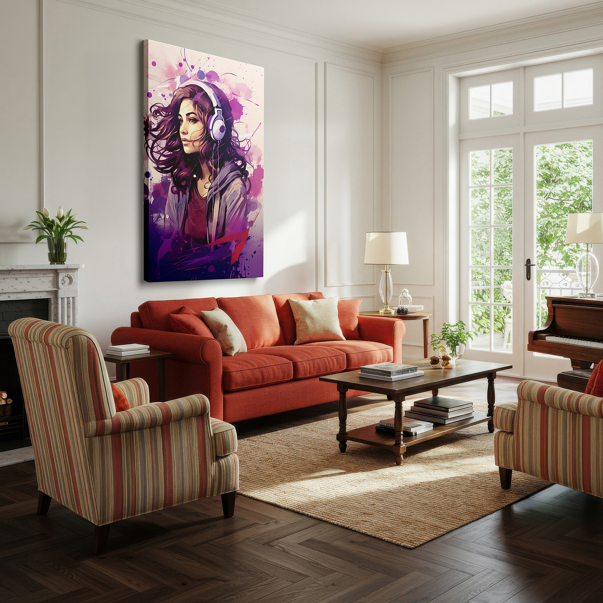 Aligned with a curated gallery wall of abstract artworks — serene melodies: a young woman's peaceful musical journey - large canvas wall art for bedrooms and offices