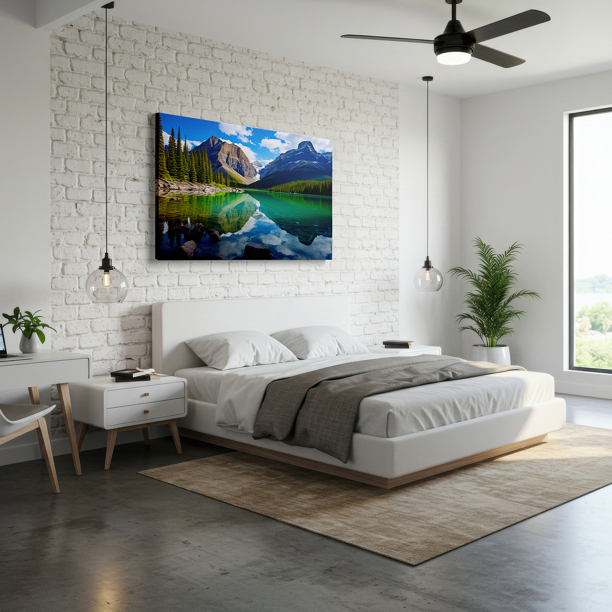 Aligned with a curated gallery wall of abstract artworks — serene mountain lake and verdant trees reflection wall art - vibrant blue sky canvas for office and bedroom decor