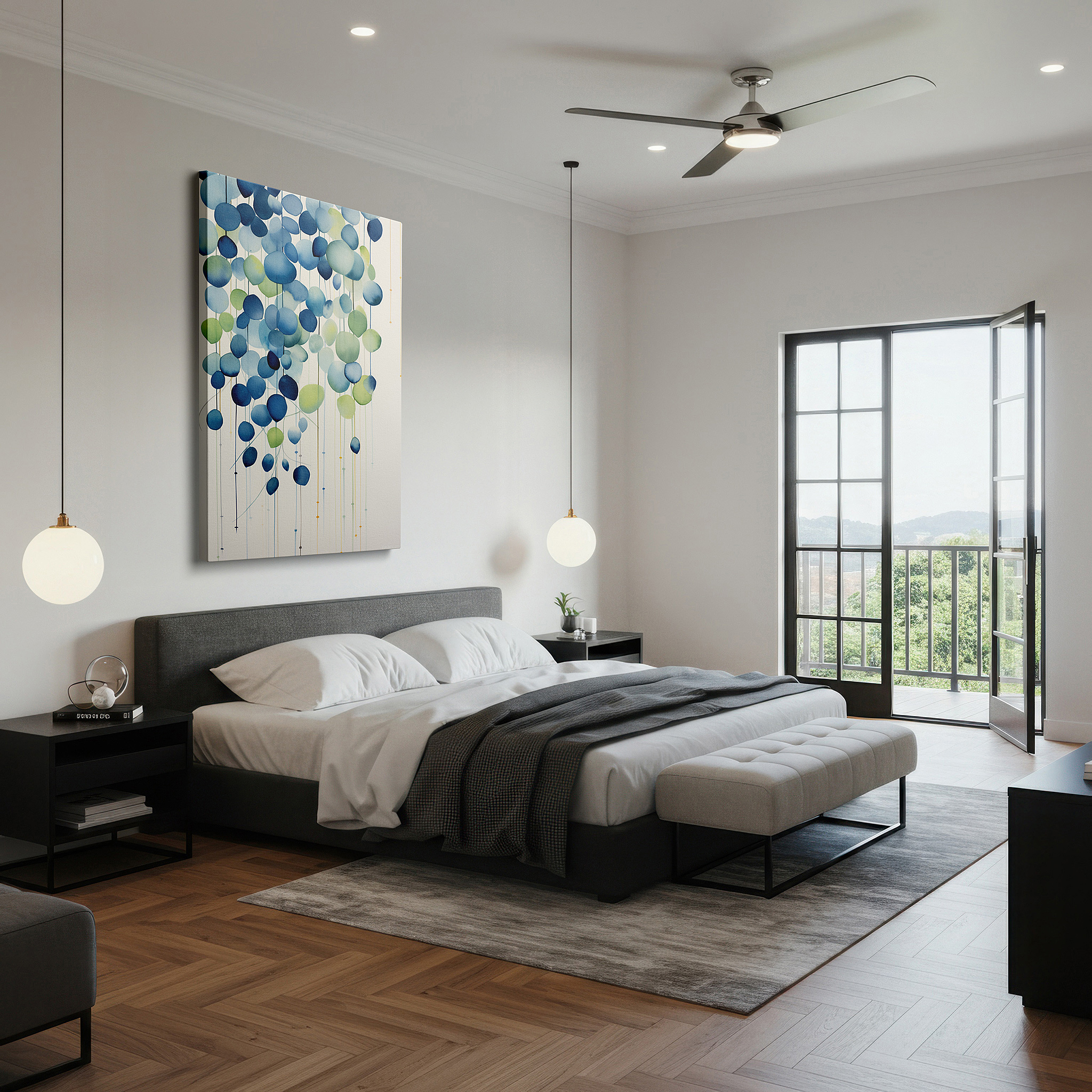 Aligned with a curated gallery wall of abstract artworks — serene nature-inspired wall art featuring cascading leaves and blooms in blue and green tones, large canvas for home or office decor