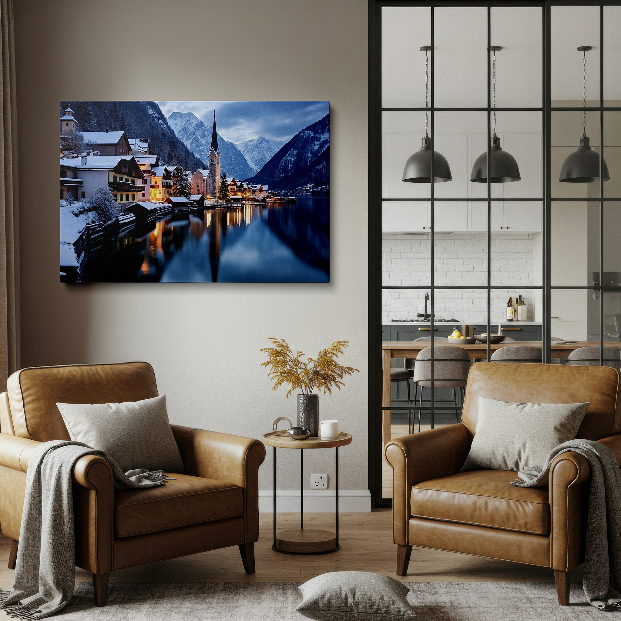 Aligned with a curated gallery wall of abstract artworks — serene winter night in a snow-covered village with twinkling lights and majestic mountain reflections large wall art, canvas wall art, wall decor