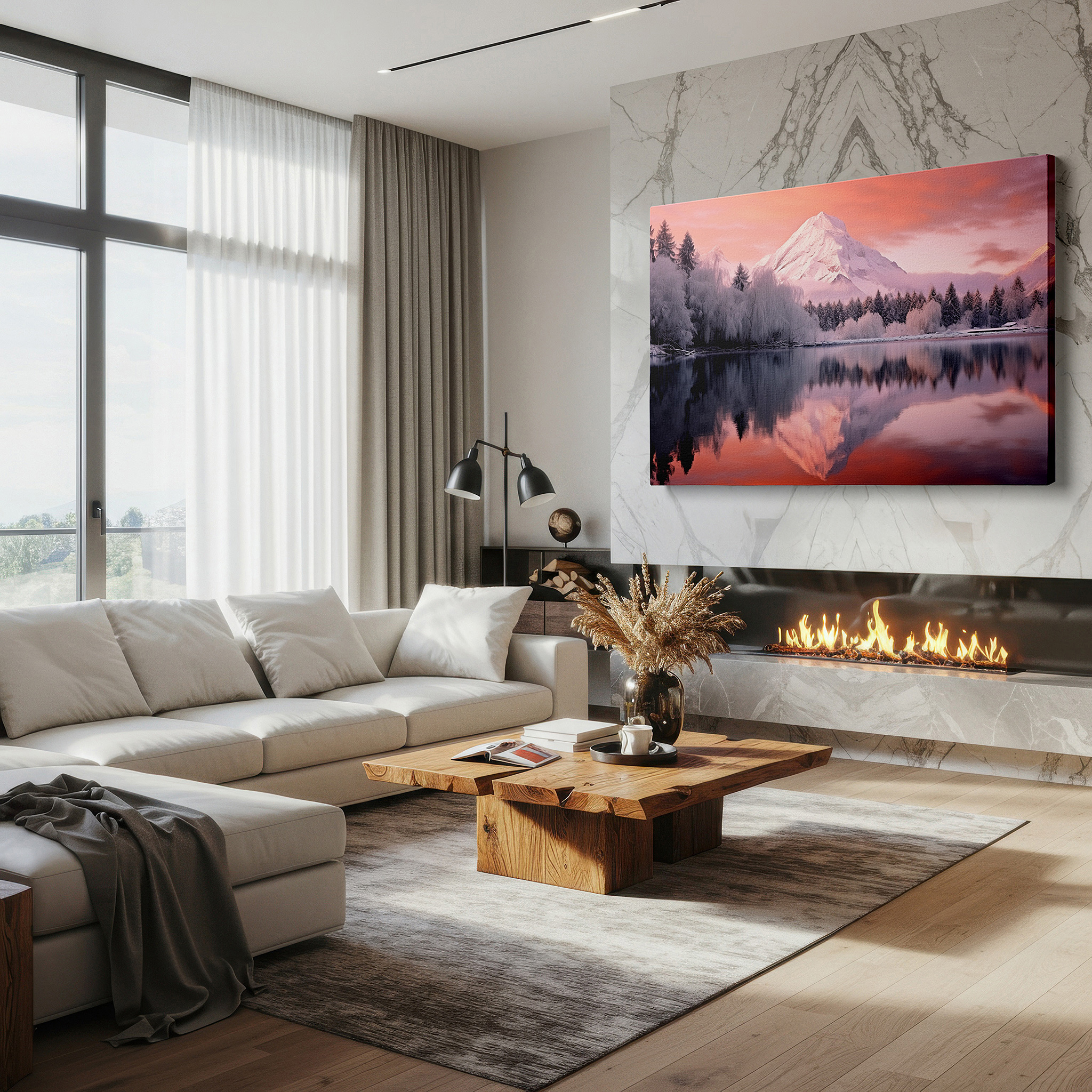 Aligned with a curated gallery wall of abstract artworks — serene winter scene with snow-capped mountains and reflective lake - large canvas wall art for office and bedroom decor