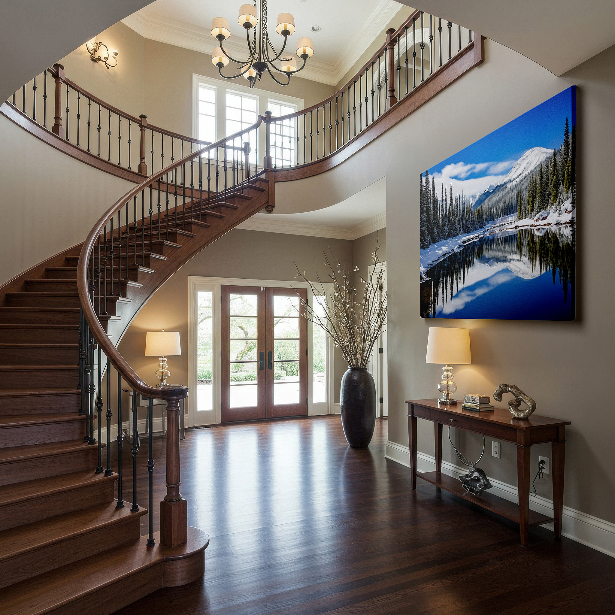 Aligned with a curated gallery wall of abstract artworks — serene winter scene: snow-covered trees by a peaceful lake under a bright blue sky - large canvas wall art decor
