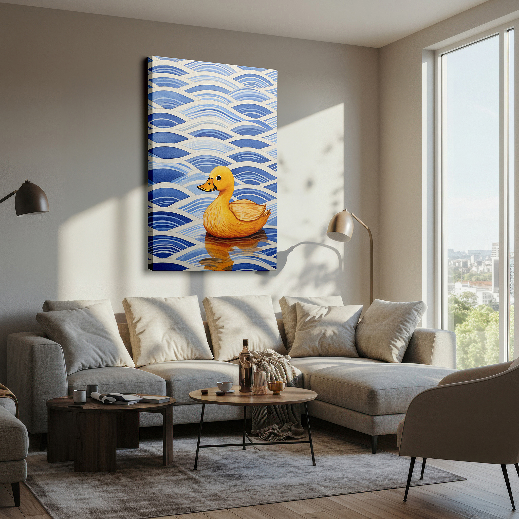 Aligned with a curated gallery wall of abstract artworks — serene yellow duck on peaceful blue waters, emblem of joy and serenity, large canvas wall art for home and office decor
