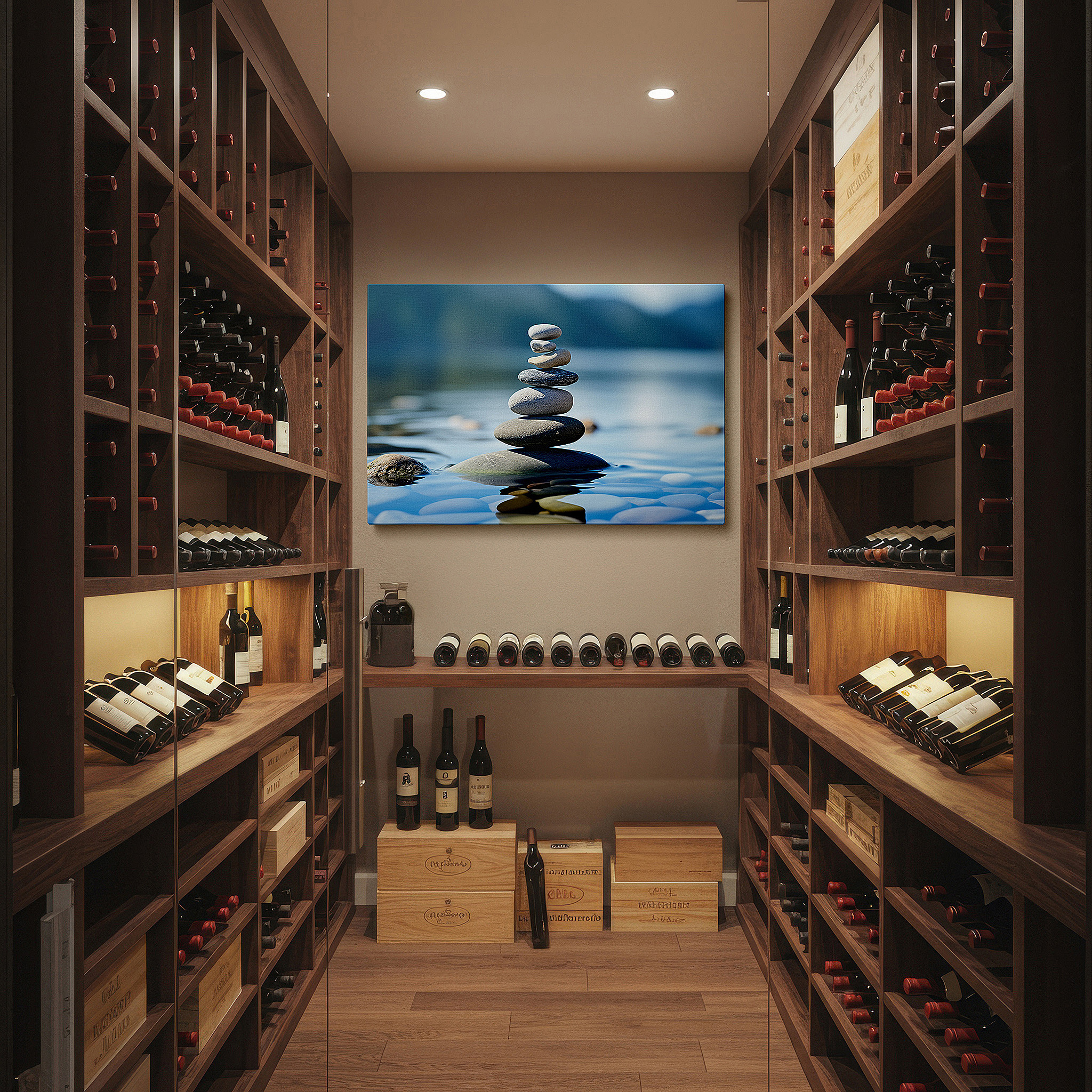 Aligned with a curated gallery wall of abstract artworks — serenity in balance - stones balanced on peaceful waters mirroring sky and spirit, large wall art, canvas wall art, wall decor for office and bedroom