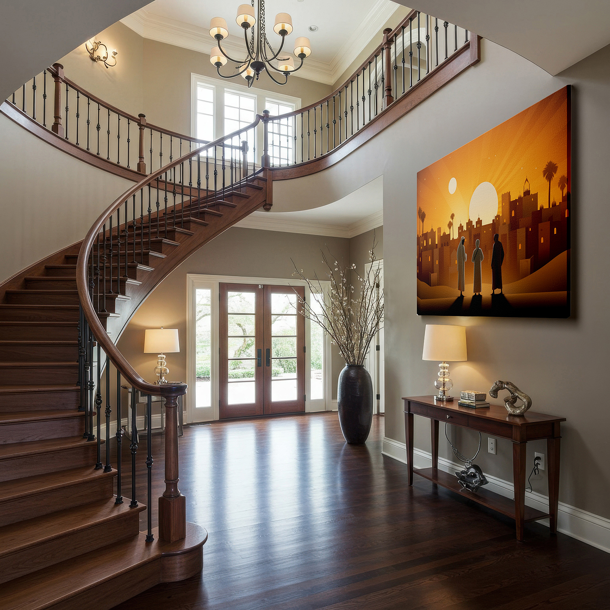 Aligned with a curated gallery wall of abstract artworks — silhouetted figures gazing at an ancient city at sunset: a mysterious and historical tapestry - large canvas wall art for home and office decor