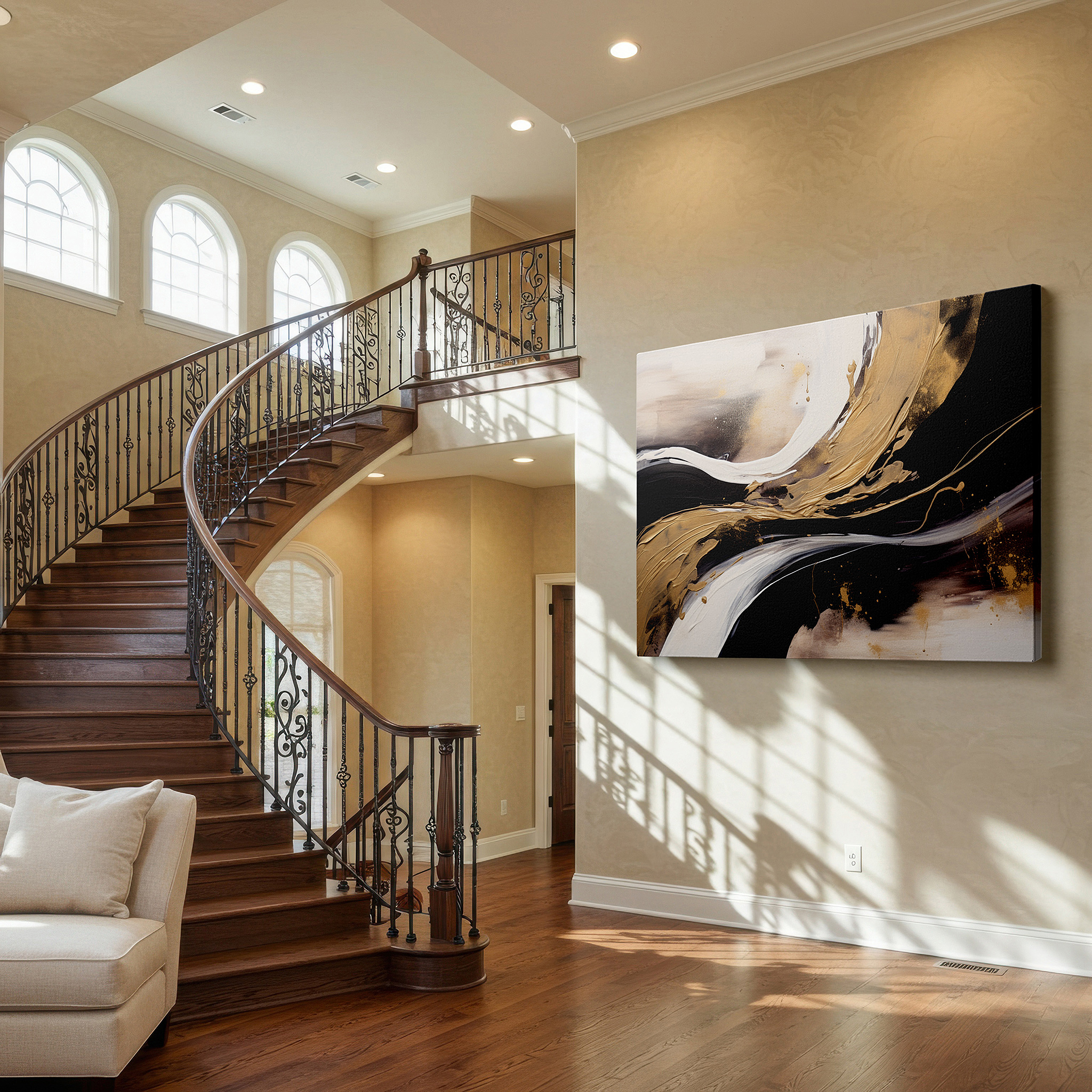 Aligned with a curated gallery wall of abstract artworks — sophisticated abstract dance in black, white, and gold accents - large canvas wall art for office, bedroom, and living room decor