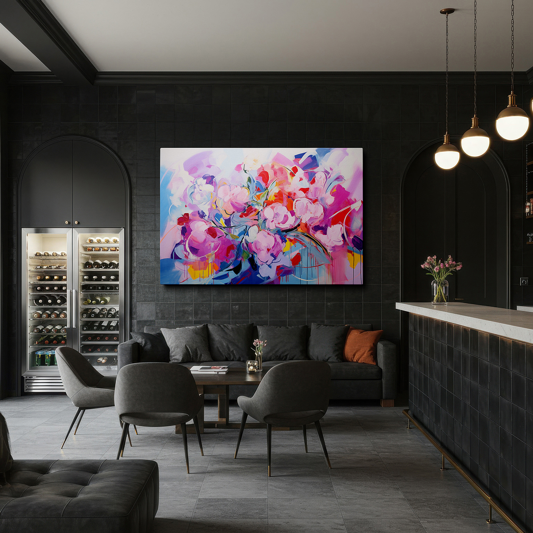 Aligned with a curated gallery wall of abstract artworks — springtime blossoms in pink and blue: serene and bright large wall art, canvas decor for office and bedroom