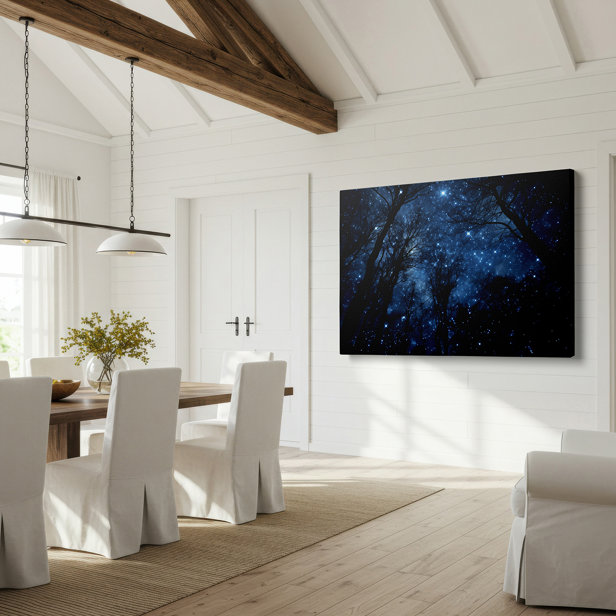Aligned with a curated gallery wall of abstract artworks — starry night sky and enigmatic forest wall art: large canvas featuring a tranquil realm with twinkling stars and mystical lights, ideal for office decor