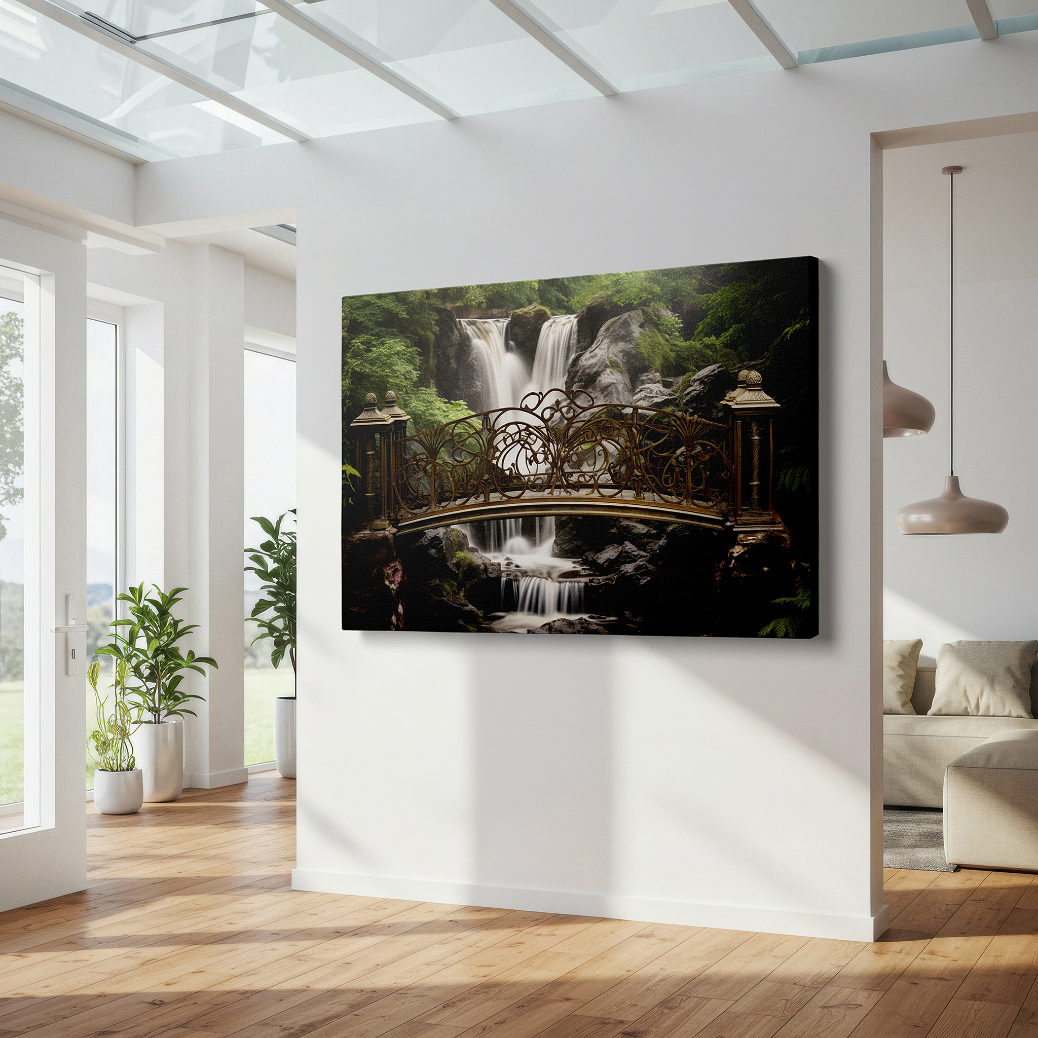 Aligned with a curated gallery wall of abstract artworks — stunning bridge and waterfall canvas print surrounded by verdant foliage for home and office decor