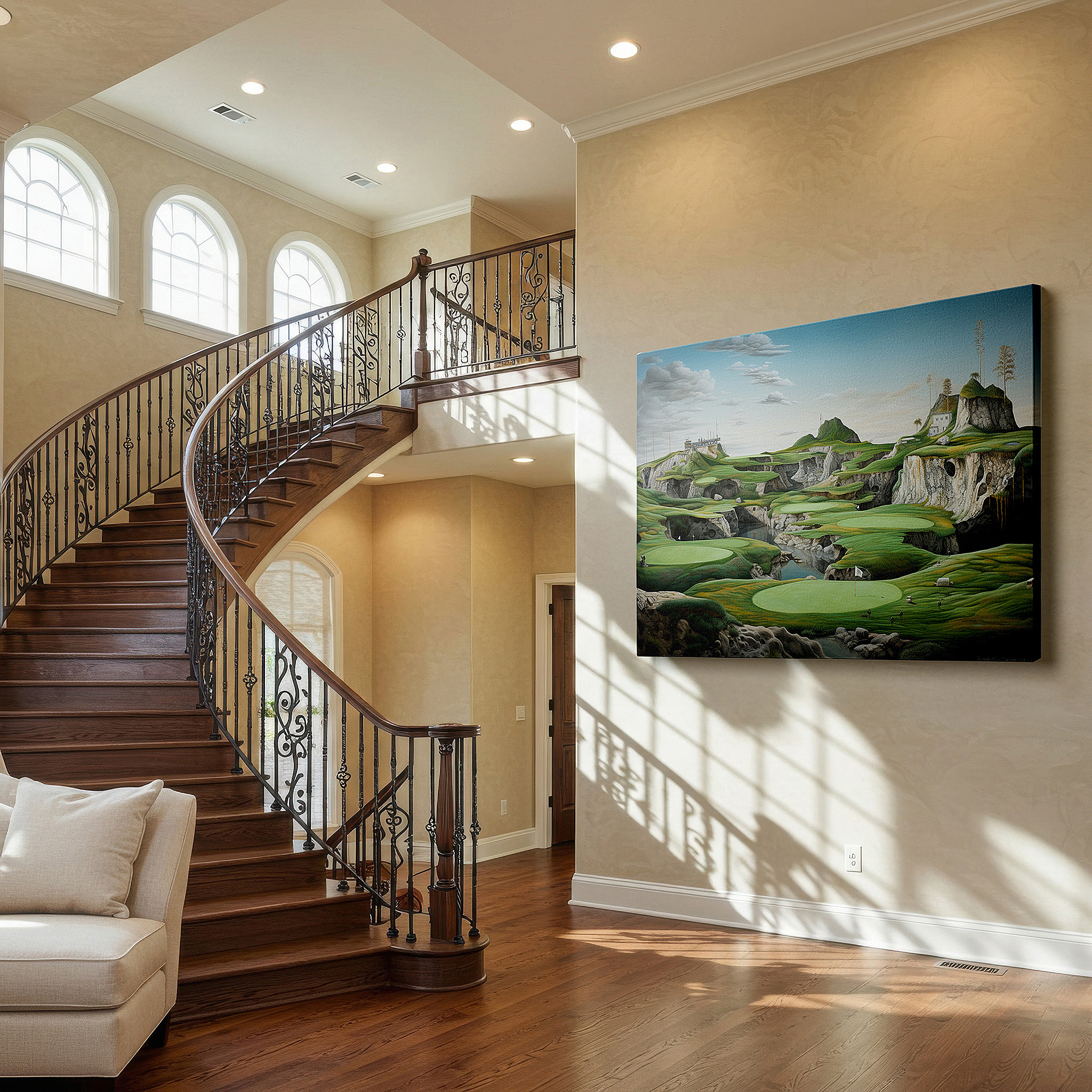Aligned with a curated gallery wall of abstract artworks — stunning golf course scenery with vibrant greens and striking rock formations - large canvas wall art for office and bedroom decor
