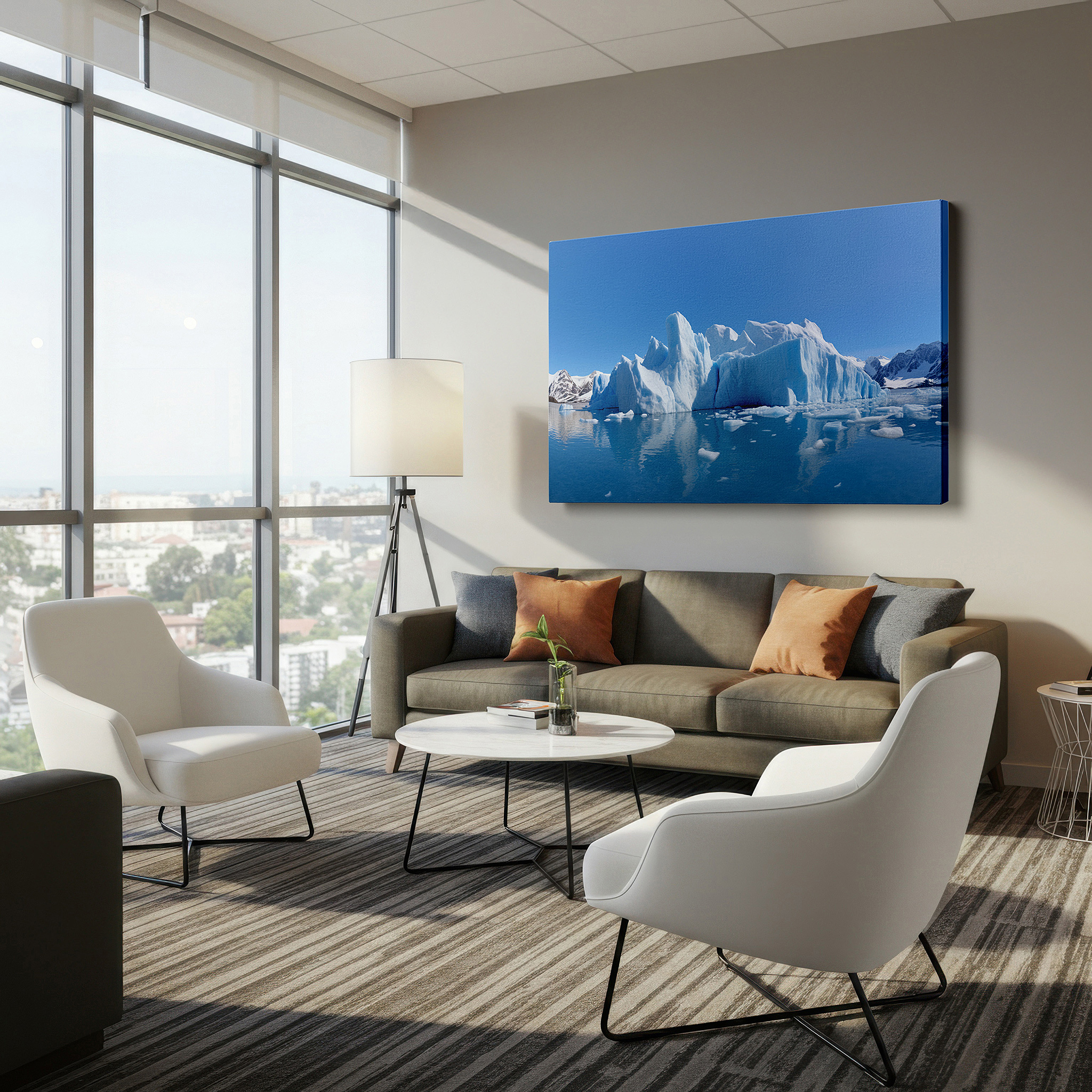 Aligned with a curated gallery wall of abstract artworks — stunning iceberg reflection in peaceful polar waters beneath a clear blue sky - large wall art, canvas wall art, wall decor for office and bedroom