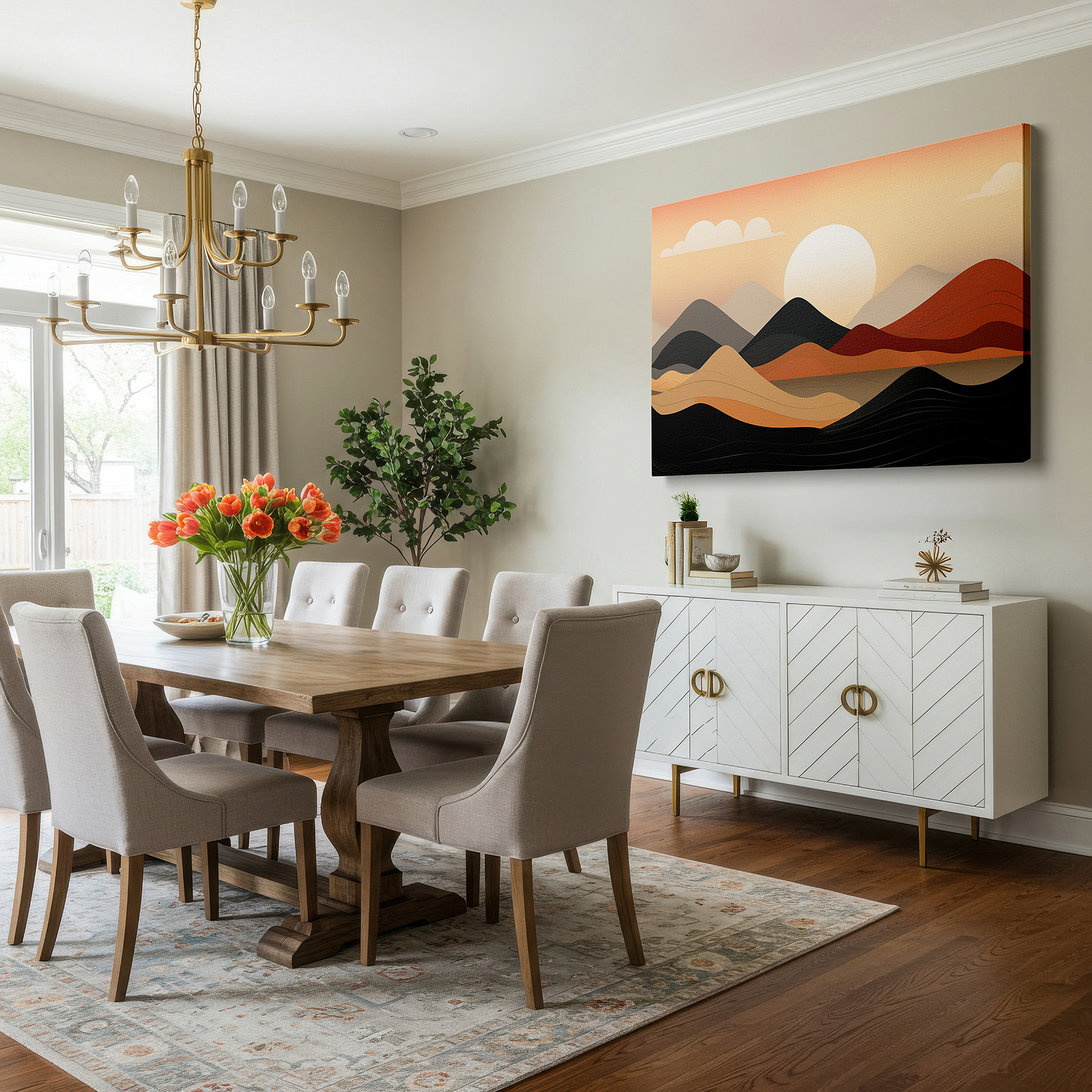 Aligned with a curated gallery wall of abstract artworks — sunset-inspired abstract landscape, serene flowing lines, large canvas wall art for tranquil spaces, ideal for office and bedroom decor