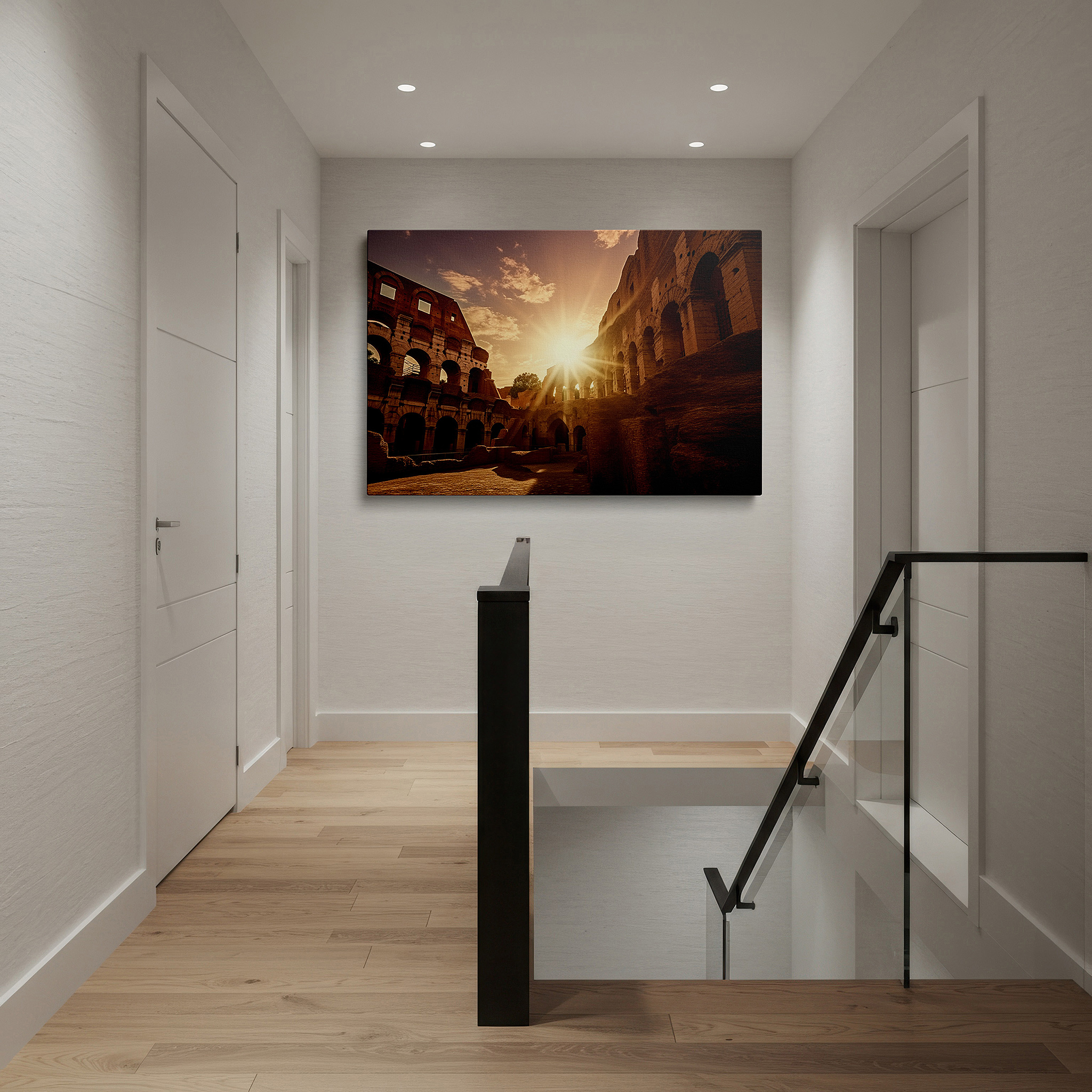 Aligned with a curated gallery wall of abstract artworks — sunset at the roman colosseum - majestic historical warmth large wall art, canvas, decor for office and bedroom