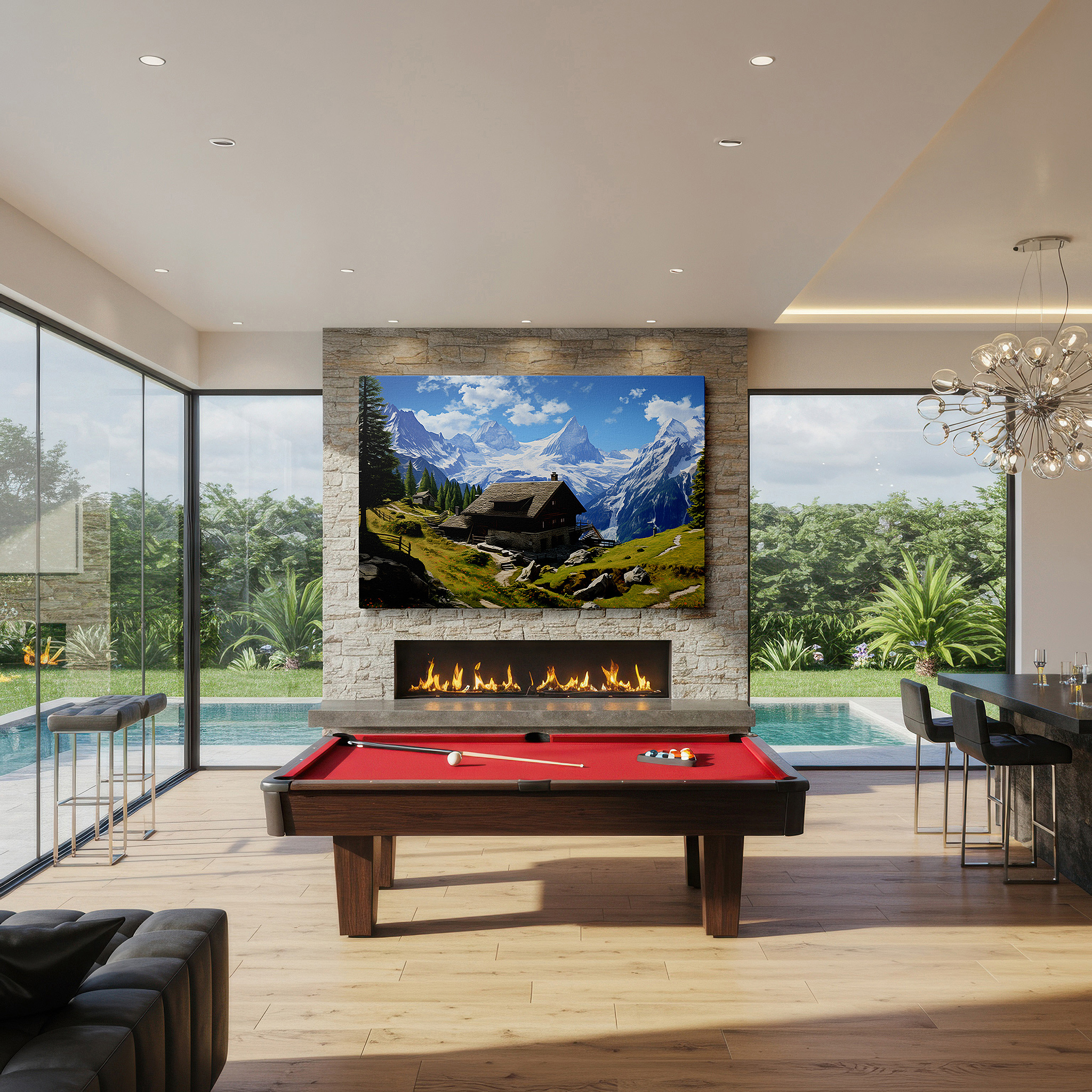 Aligned with a curated gallery wall of abstract artworks — swiss alps serene retreat: rustic cabin surrounded by verdant hills and snowy peaks - large wall art, canvas, office decor