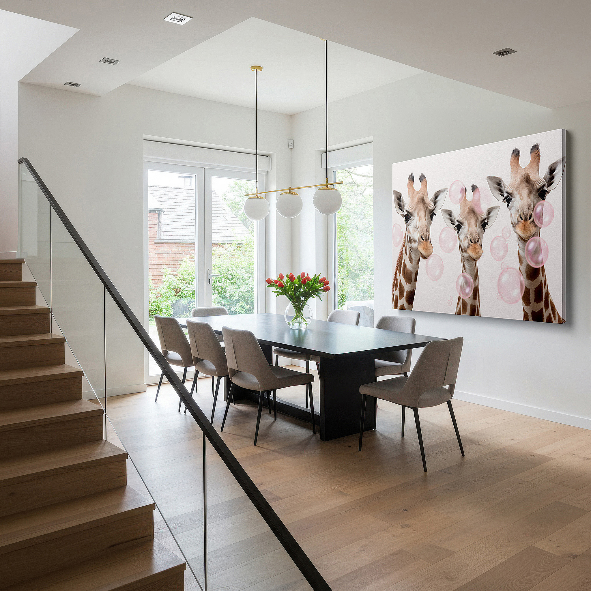 Aligned with a curated gallery wall of abstract artworks — three joyful giraffes among sparkling bubbles, whimsical delight large wall art, canvas wall art, wall decor for office and bedroom