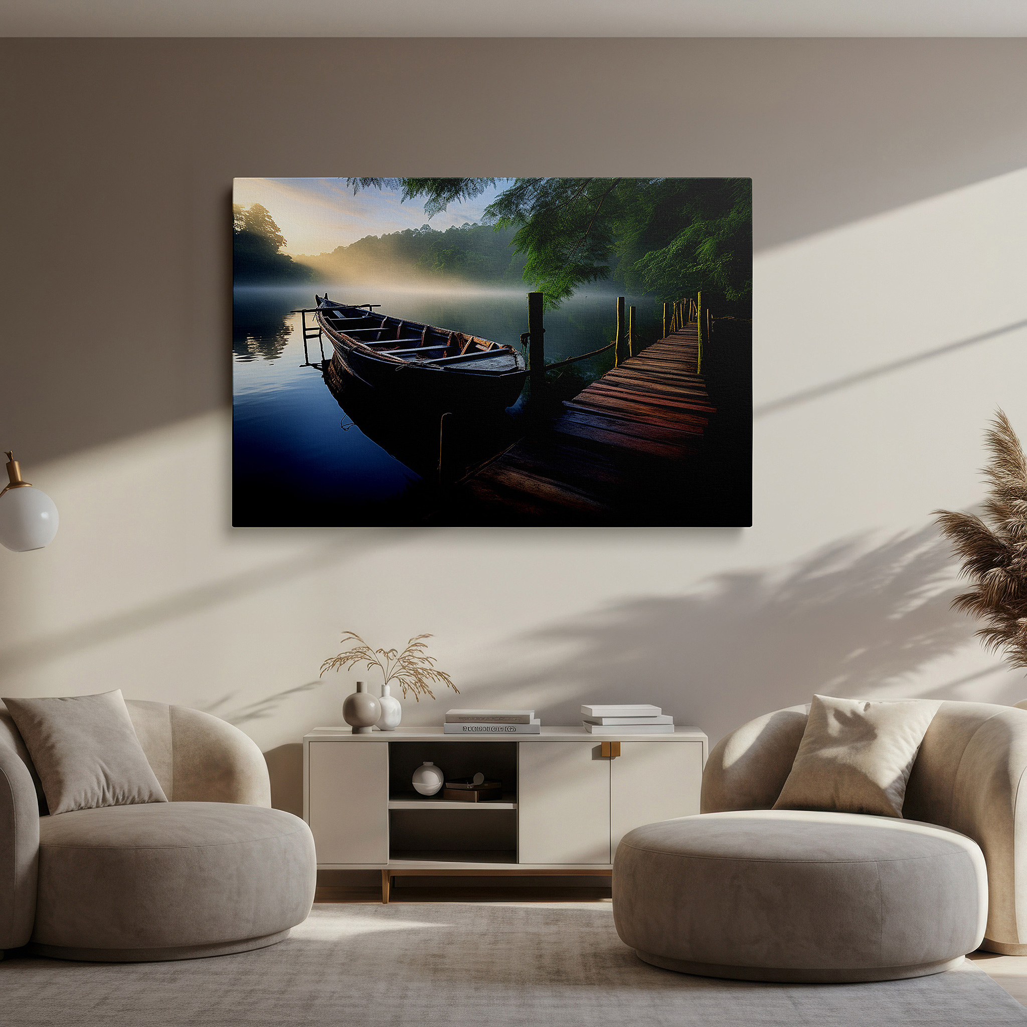 Aligned with a curated gallery wall of abstract artworks — tranquil dawn and old wooden boat at rustic dock large canvas wall art, perfect for office and bedroom decor