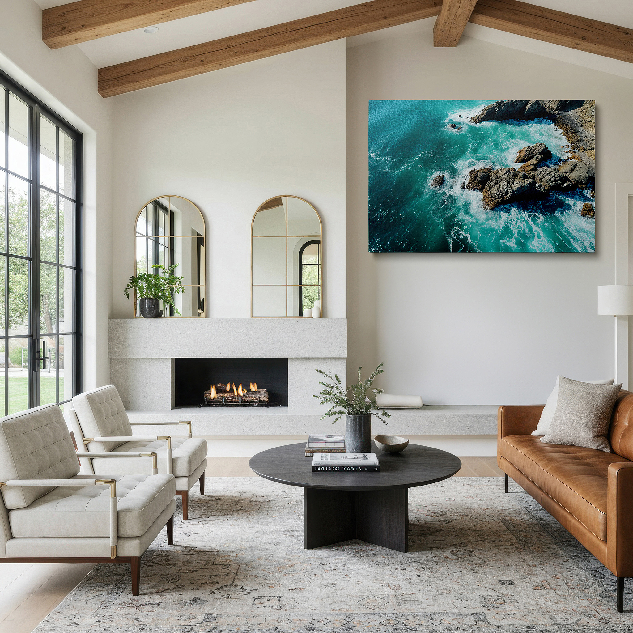 Aligned with a curated gallery wall of abstract artworks — tranquil rocky coastline aerial view canvas print - azure waves and rugged cliffs wall art for office, bedroom, and home decor