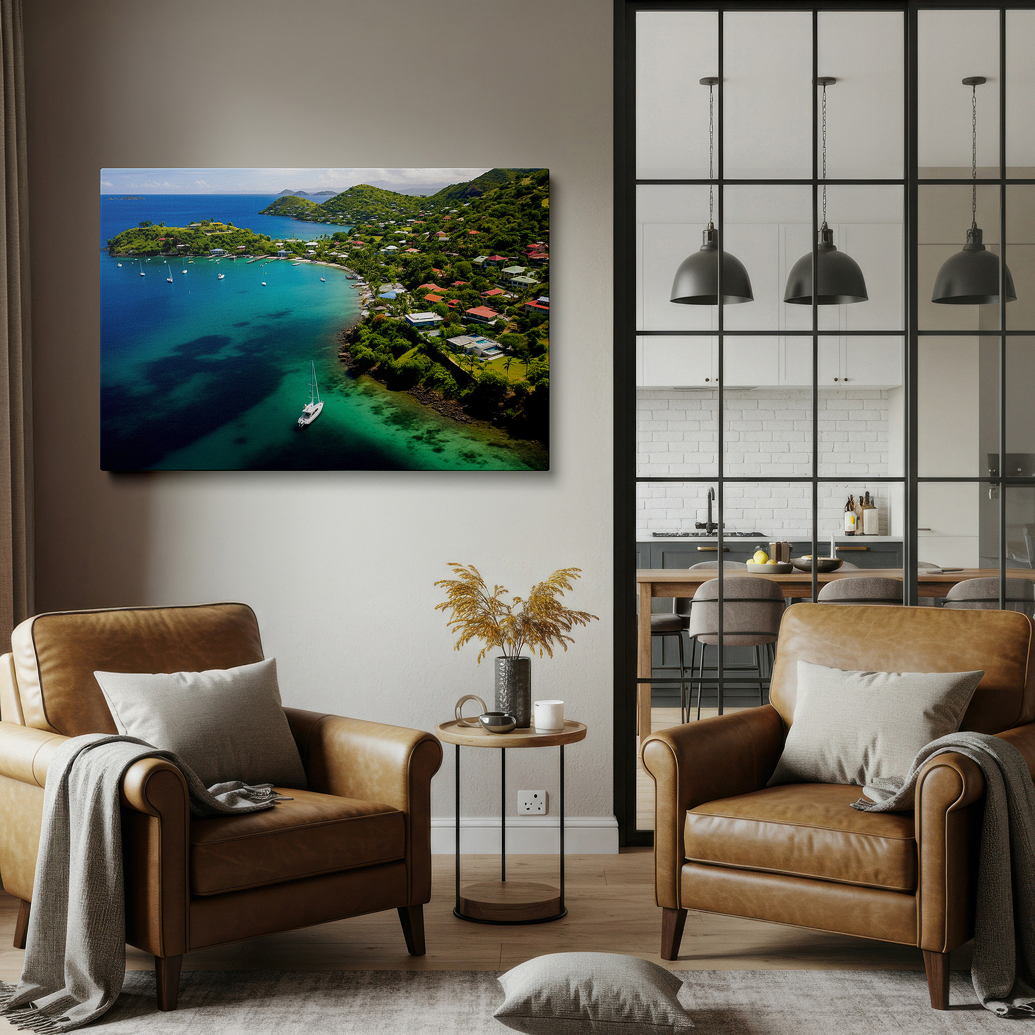 Aligned with a curated gallery wall of abstract artworks — tropical coastline aerial view canvas wall art featuring azure waters and lush greenery for office and bedroom decor