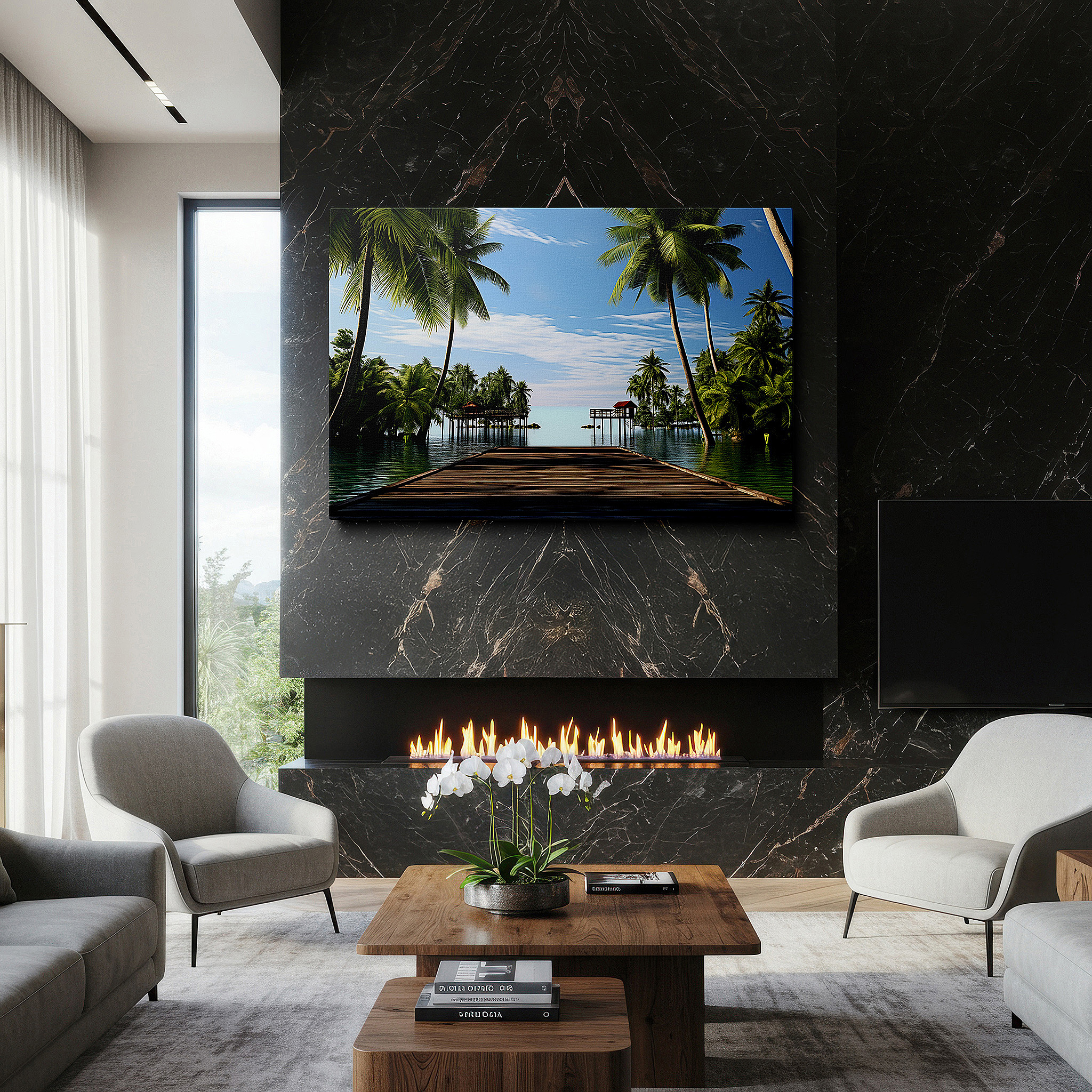 Aligned with a curated gallery wall of abstract artworks — tropical paradise featuring lush palms and peaceful dock for quiet reflection - large wall art, canvas wall art, wall decor for office and bedroom