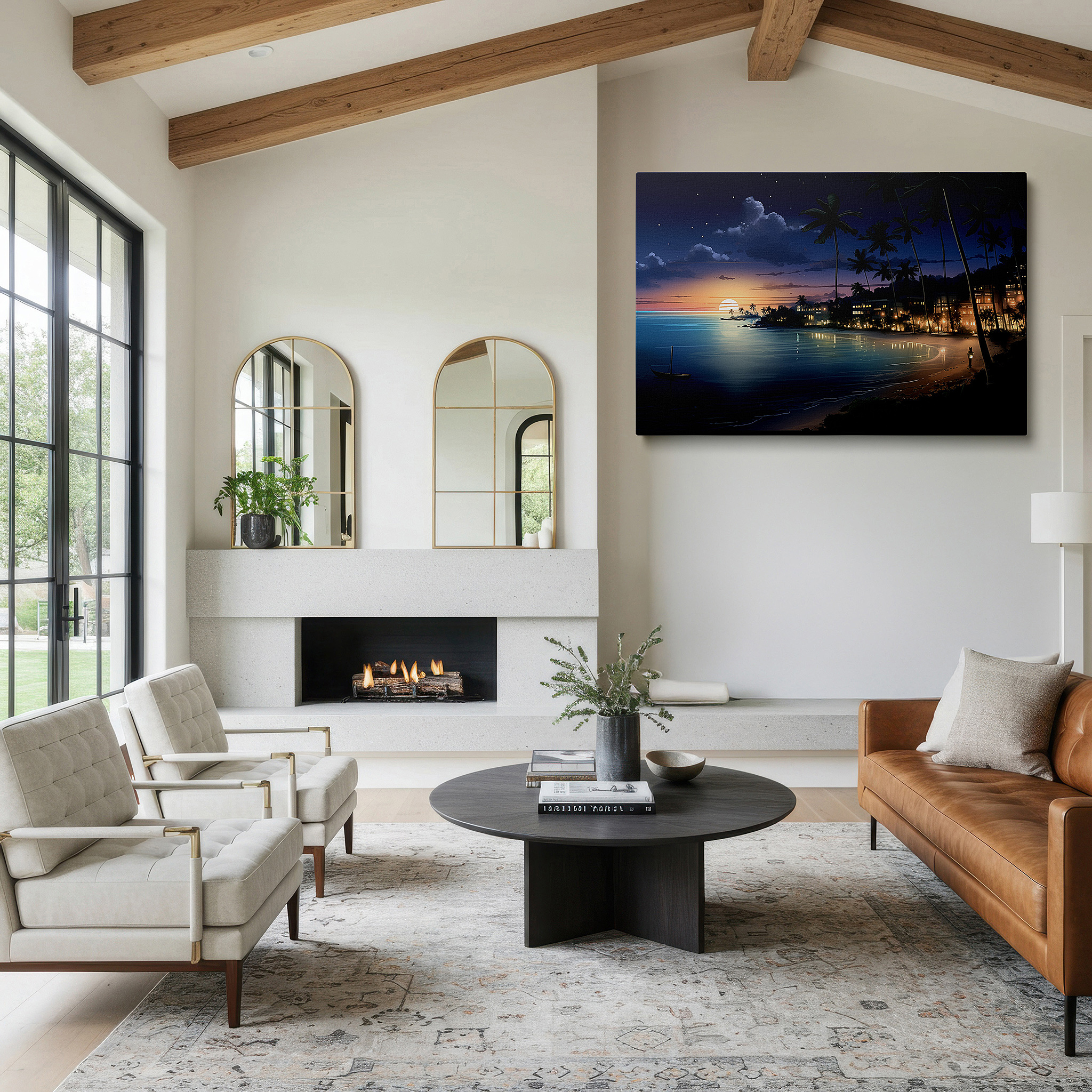 Aligned with a curated gallery wall of abstract artworks — tropical paradise at sunset: serene shoreline retreat with palm silhouettes and vibrant sky - large canvas wall art decor