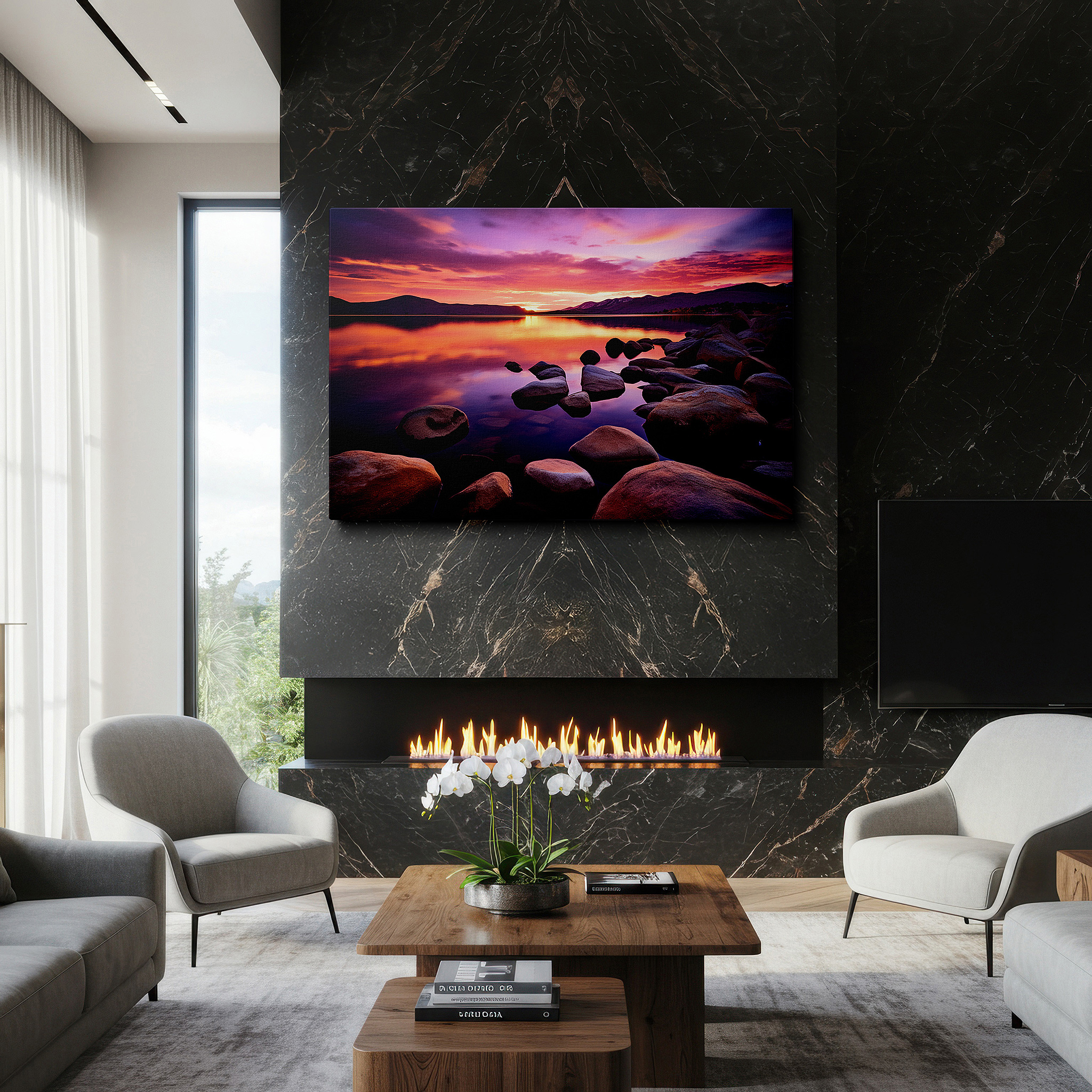 Aligned with a curated gallery wall of abstract artworks — twilight serenity - a symphony of sky and water in tranquil hues: large canvas wall art for office and bedroom decor